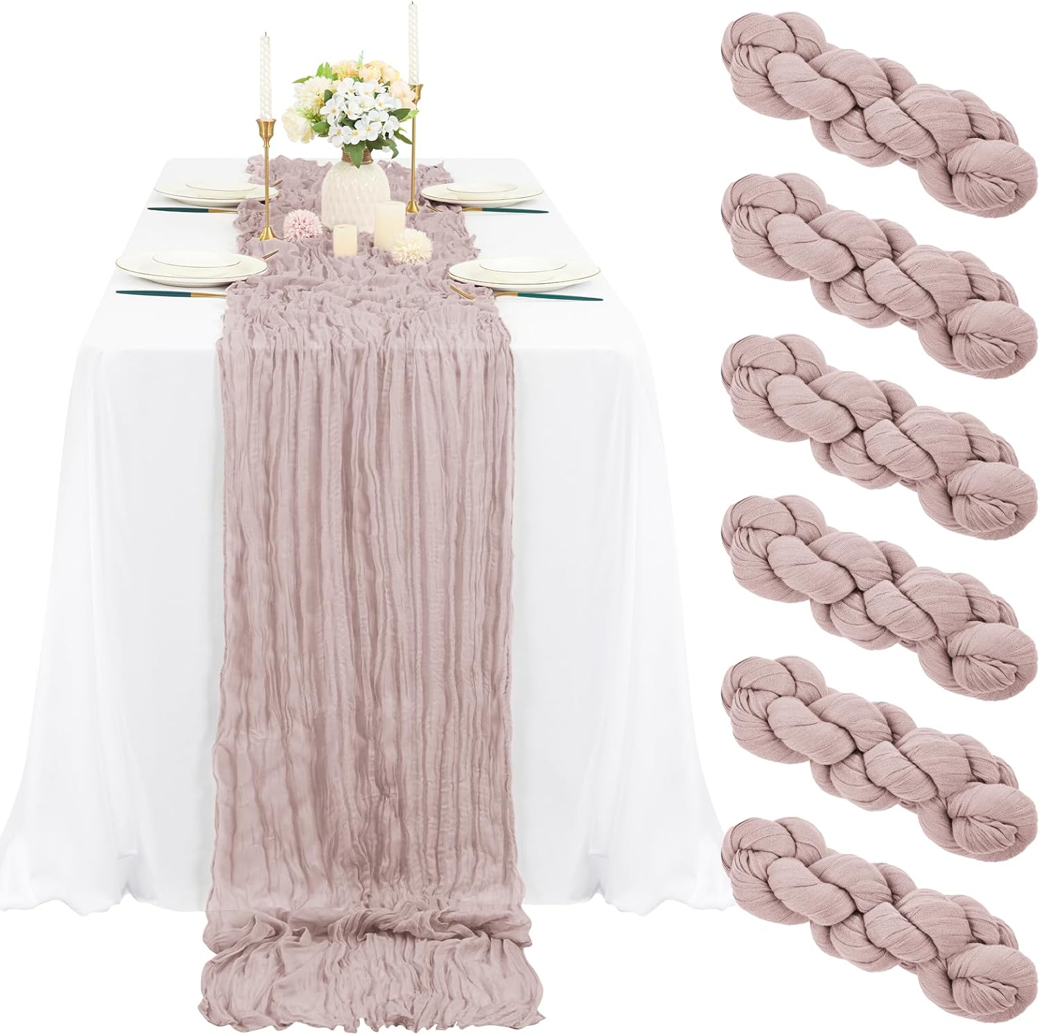 6 Pcs Dusty Pink Cheesecloth Table Runner 10FT, Gauze Table Runner for Wedding Reception Sheer Bridal Shower Birthday Party Boho Table Decoration, Rustic Romantic Wedding Runner Dusty Pink 6 Pcs-10 FT