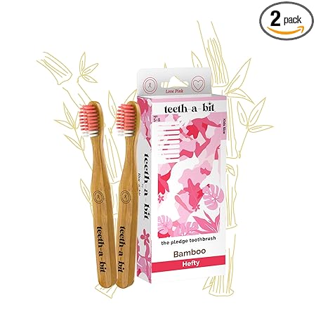 teeth-a-bit The Pledge Bamboo Toothbrush Kids (5-8 Years) Hefty Handle Gum Sensitive Soft Bristles Pack of 2 (Love Pink)