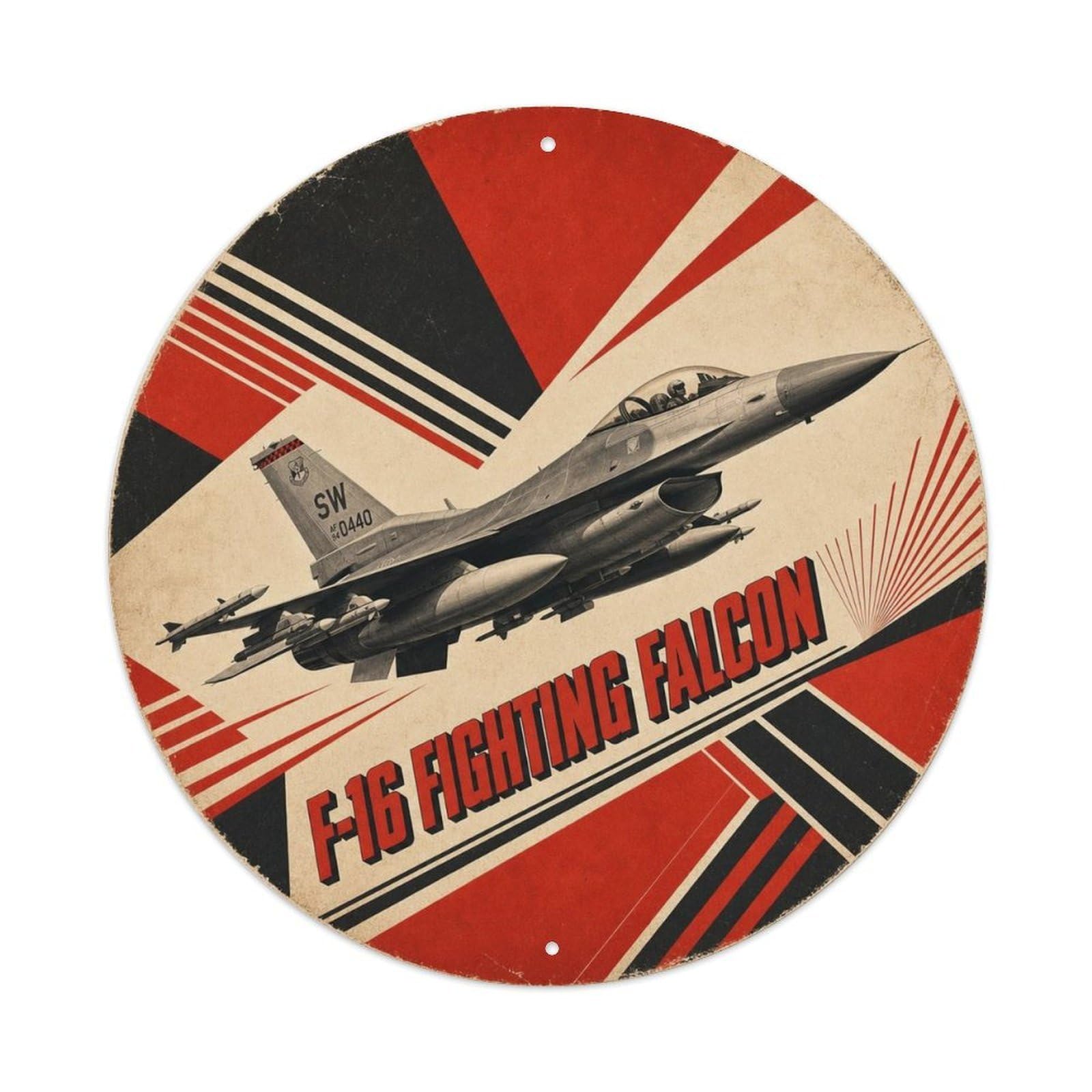 F-16 Fighting Falcon Fighter Jet Retro Constructivist Metal Tin Sign Plaque Wall Decor for Cafe, Man Cave, Club Bar, Office, Home Garden Round Metal Poster 8x8Inch