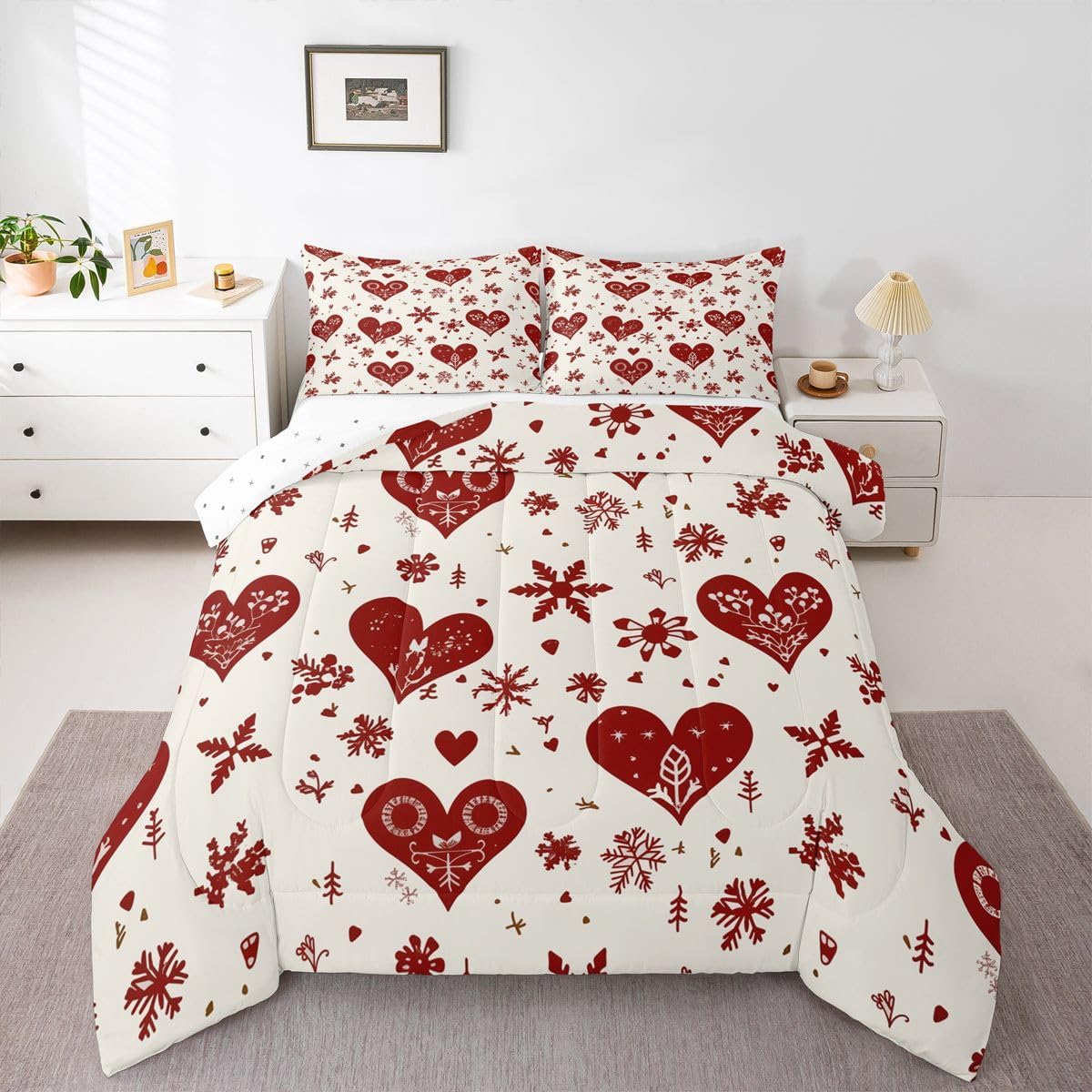 Erosebridal Cute Heart Pattern Twin Comforter Set for Girls | Love Heart Bedding Set for Girls Cartoon Love Geometric Comforter Valentines Day Duvet Insert Soft Warm,2 Piece with 1 Pillowcase