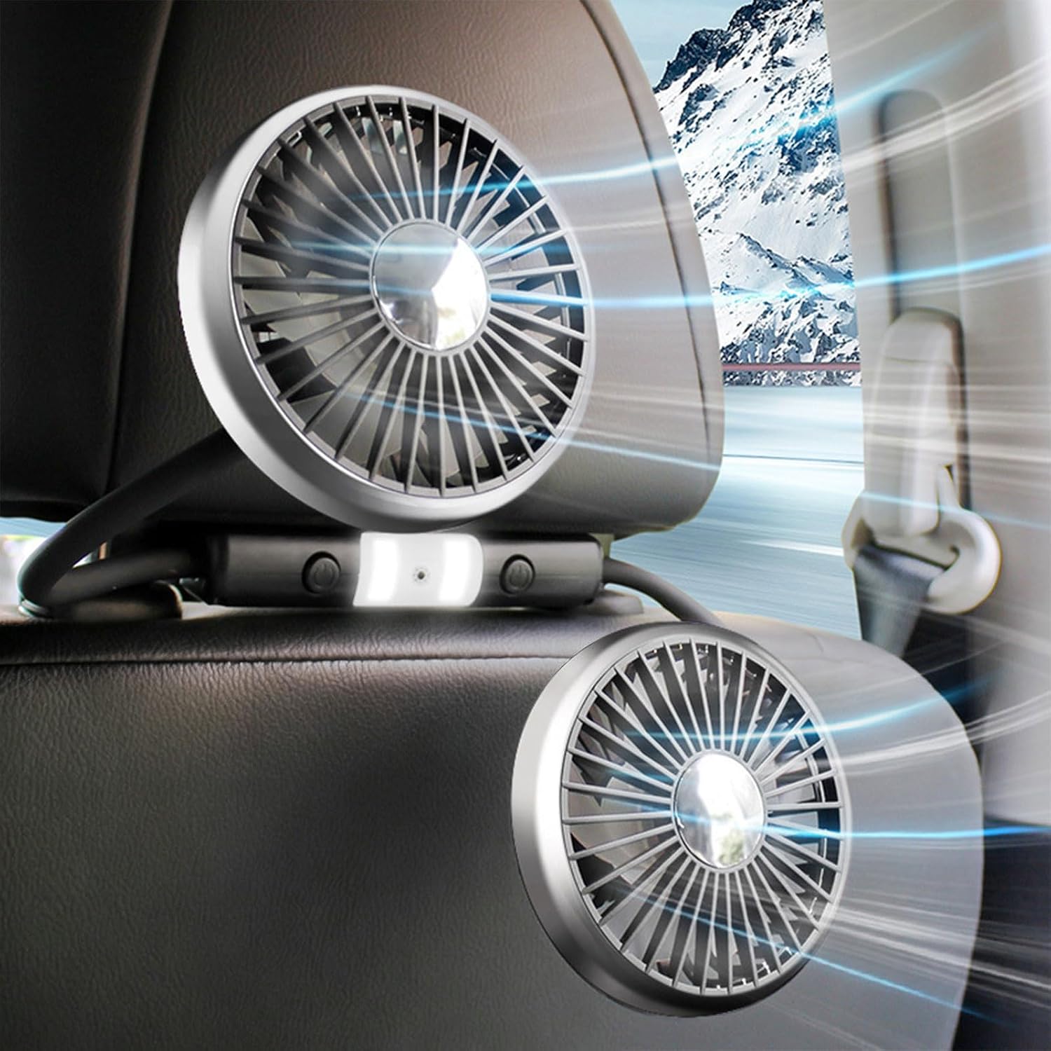 Car Fans for Backseat for Rear Front Facing 360° Flexible Hose 3-Speed USB Powered Dual Head Headrest Cooling Fan with Dual-Level LED Light for Rear Seat Passengers