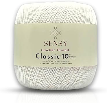 Sensy Crochet Thread Classic Size 10, 100% Mercerized Giza Cotton, 617 Yards, Gauge 0 Lace White