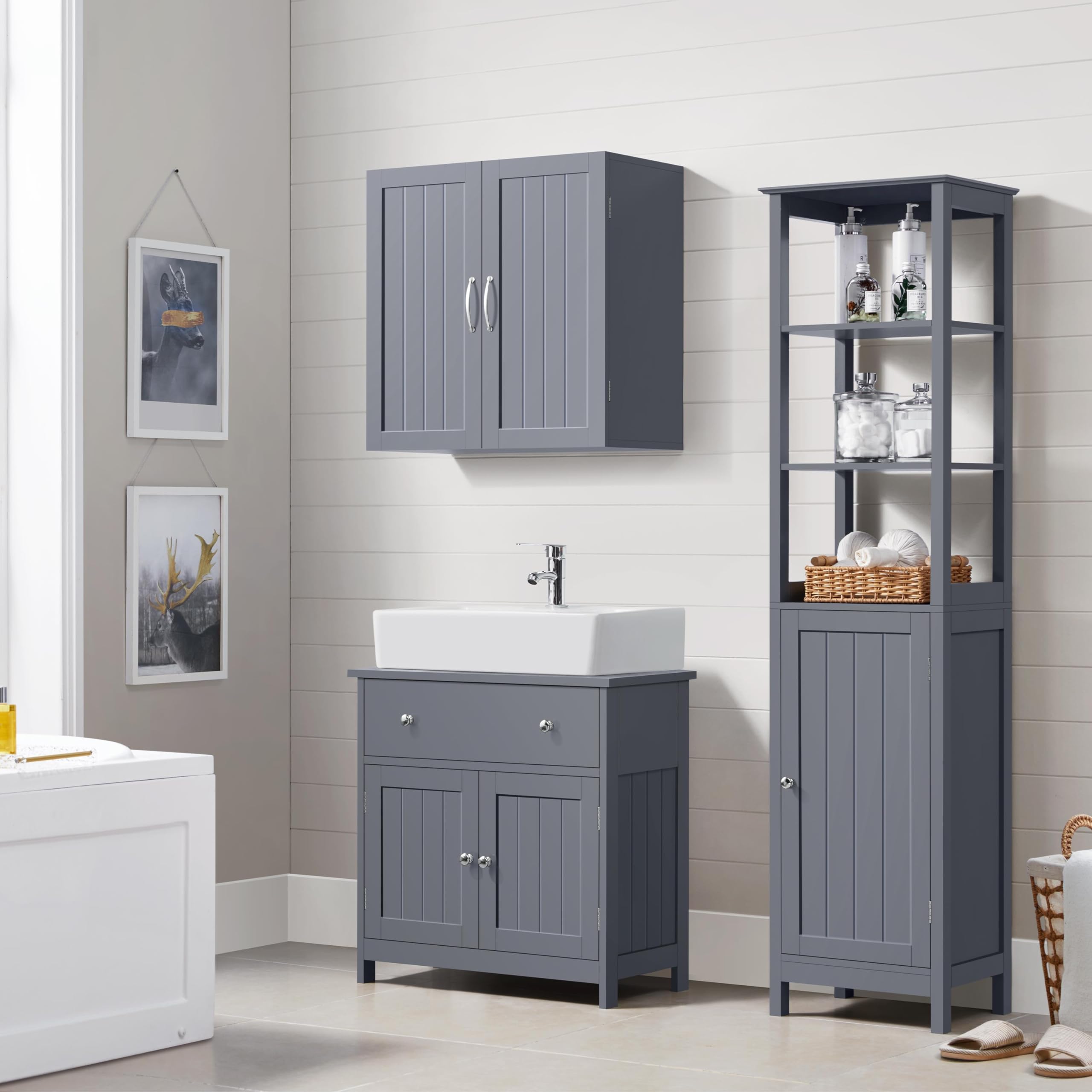 Yaheetech Mobile da Bagno Sottolavabo Mobiletto con Cassetto e Ripiano Portaoggetti Armadietto da Terra per Lavandino Salvaspazio Mobile da Archivio 60 × 30 × 60 cm (Grigio Scuro)