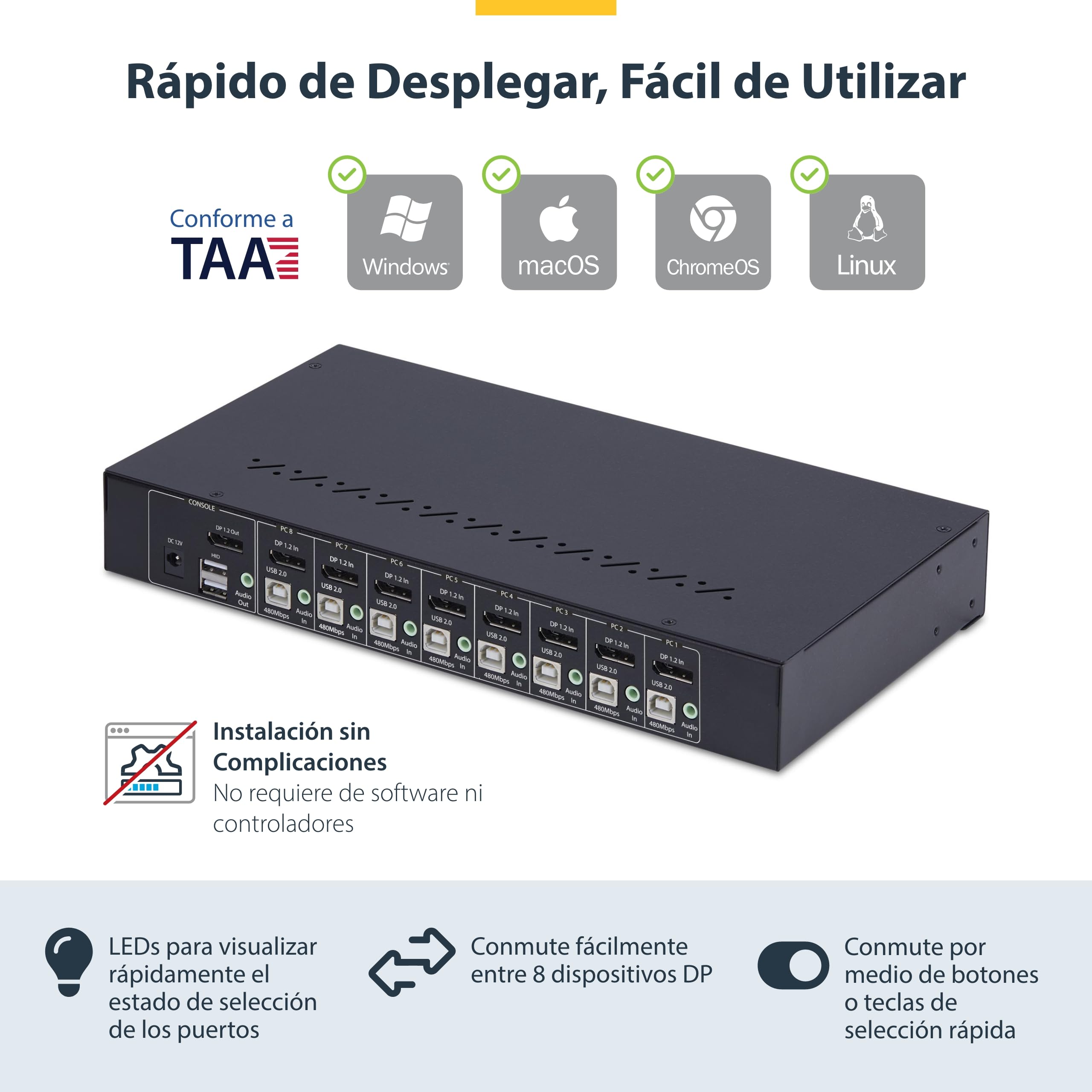 StarTech Switch KVM 8 Puertos DisplayPort 1.2, 4K 60Hz, Rack 1U | Montaje en rack de 19 pulgadas ANSI/EIA, Control a nivel de BIOS sin software, Teclas de acceso rápido y pulsadores