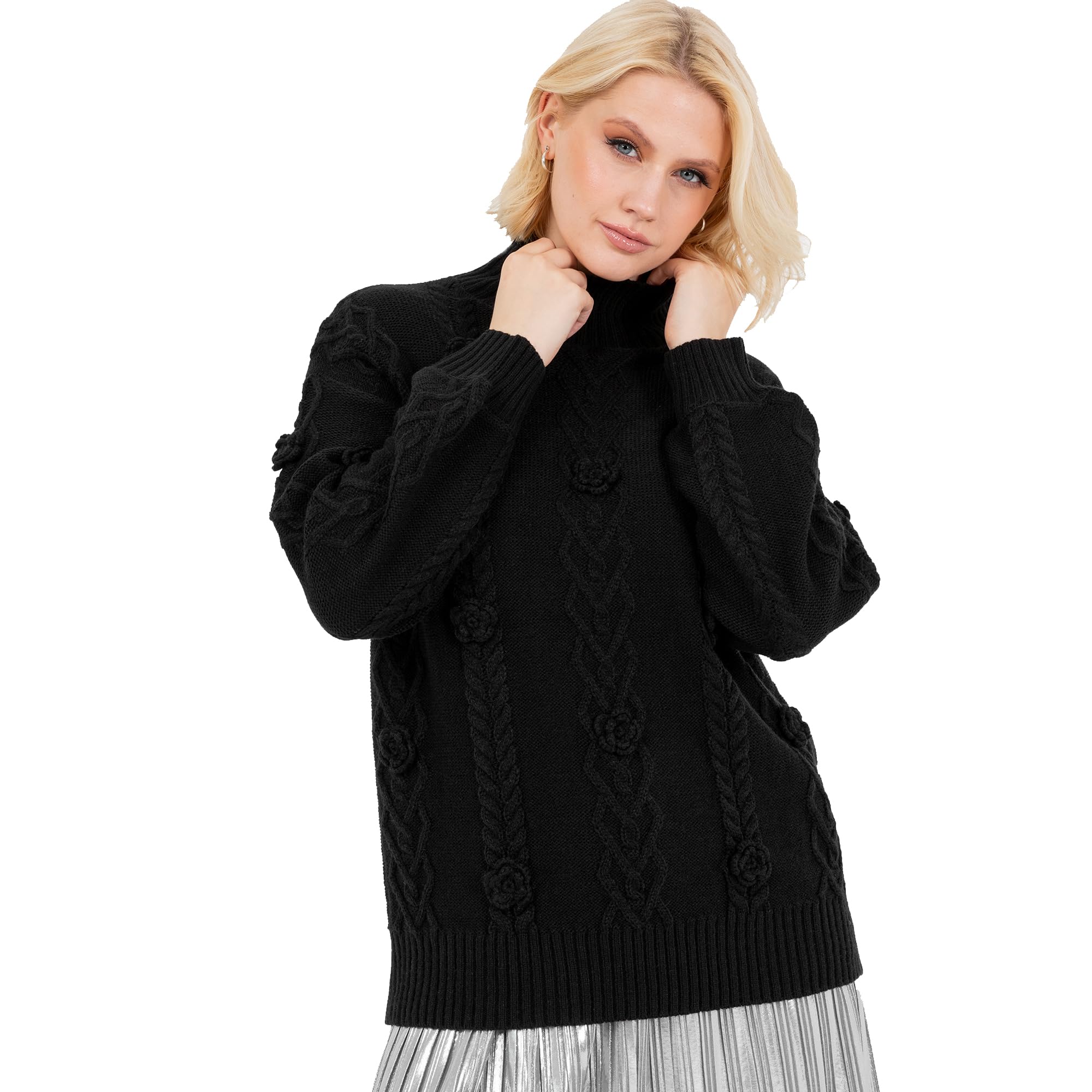Lovedrobe Women's Jumper Ladies Cable Knit Sweater High Neck Long Balloon Sleeve Floral Appliqué Elasticated Waist Cuffs Knitwear, Black 20-22