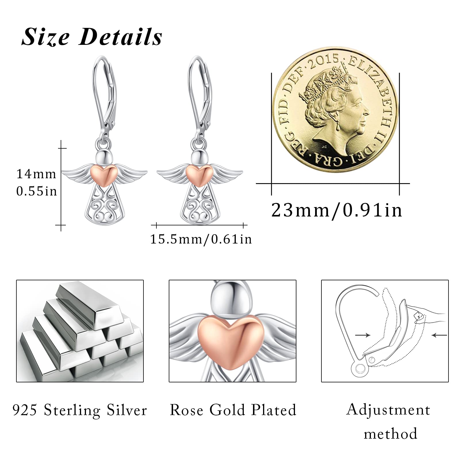 Pendientes de ángel de la guarda de plata de ley 925 con cierre de palanca de ángel con estrella y ángel, aretes de aro colgantes de ángel para mujer, Plata