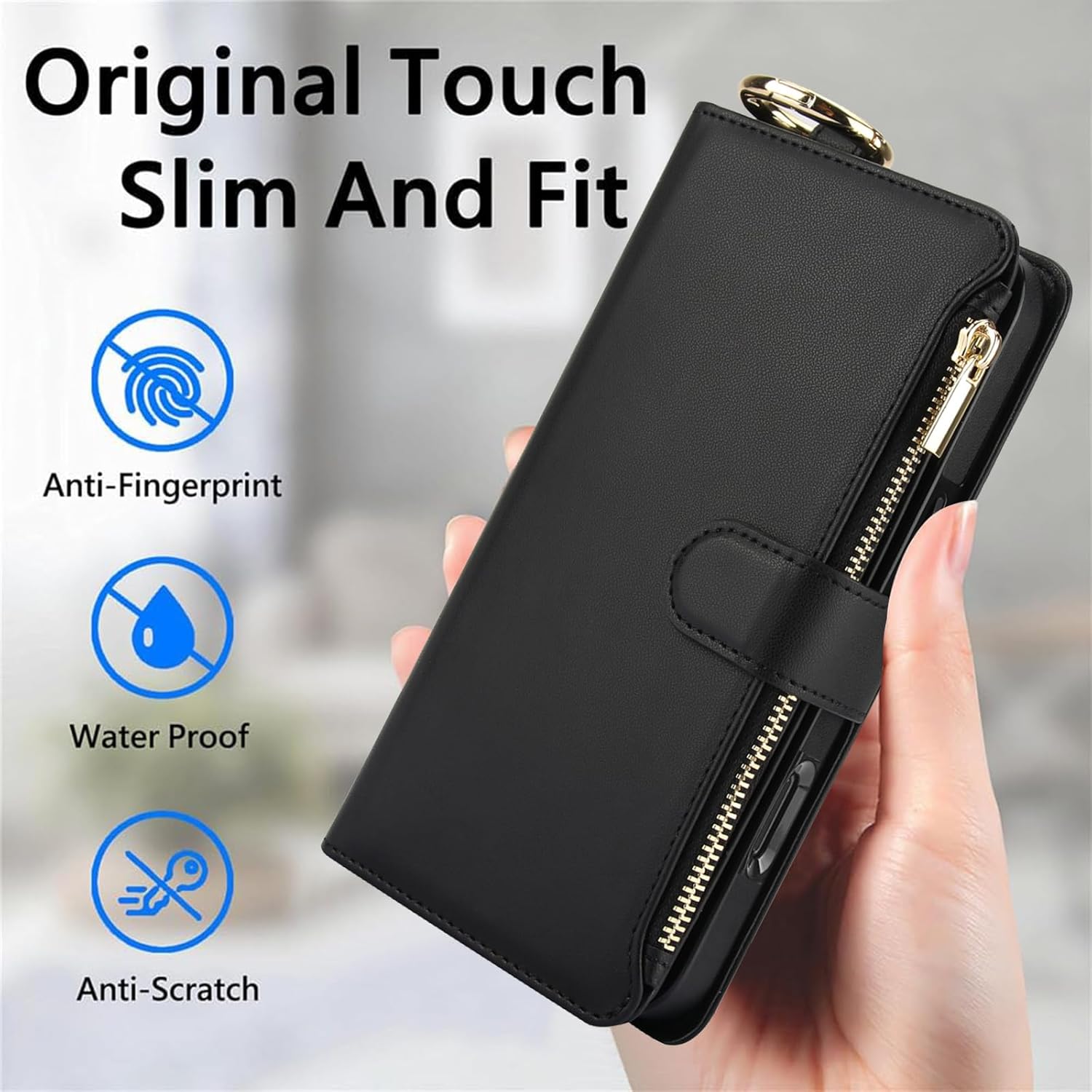 Asuwish Phone Case for iPhone 16 Zipper Wallet with Tempered Glass Screen Protector Crossbody Strap Card Holder RFID Blocking Stand Flip Cell Cover iPhone16 5G i i-Phone i16 16Case Women Girls Black