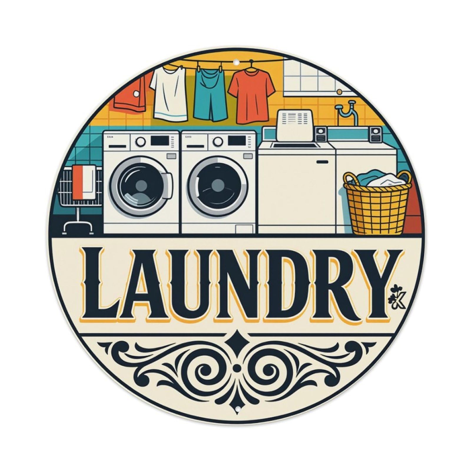 Laundry Room Scene With Machines And Clothes Round Tin Sign Vintage Metal Poster, Home Bar Garage Man Cave Cafe Indoor & Outdoor Wall Decoration 8x8Inches