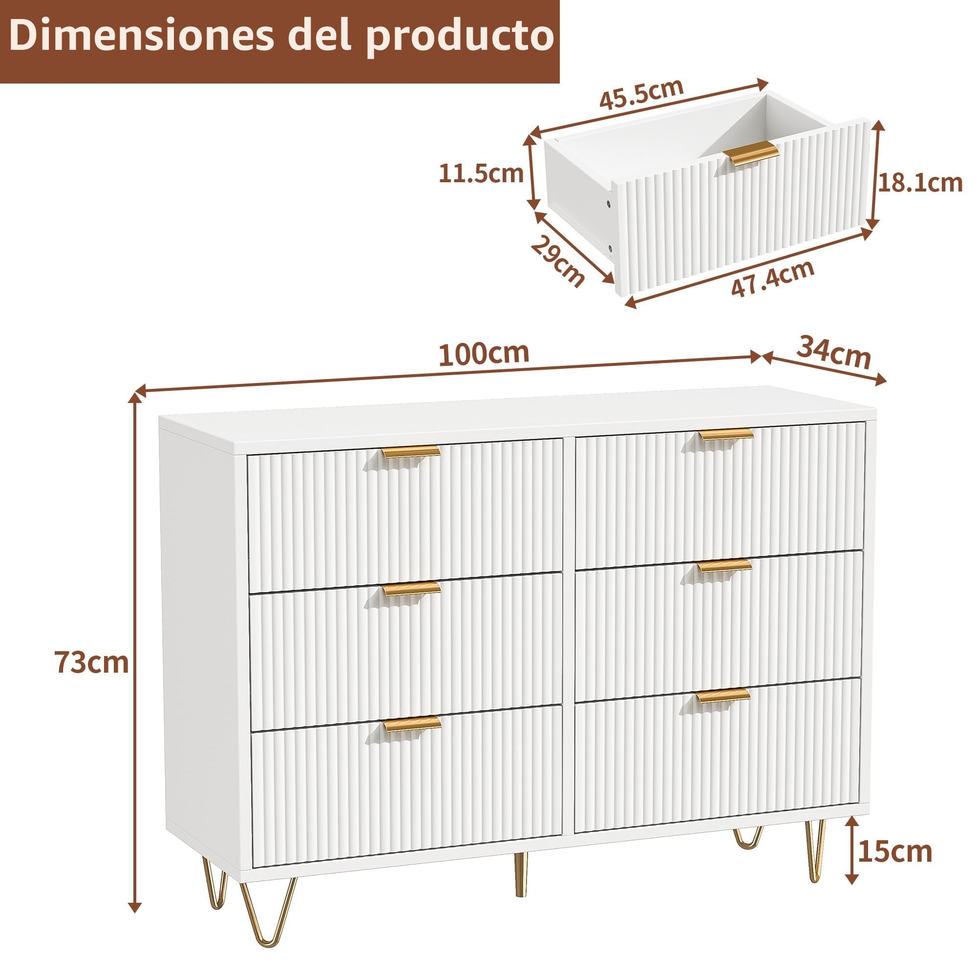 Mueble para dormitorio, adulto, 6 cajones, 6 cajones, color blanco, 100 × 34 × 73 cm, cómoda blanca habitaciónComodas habitación adulta, cómoda con 6 cajones, color blanco, cómoda sala de