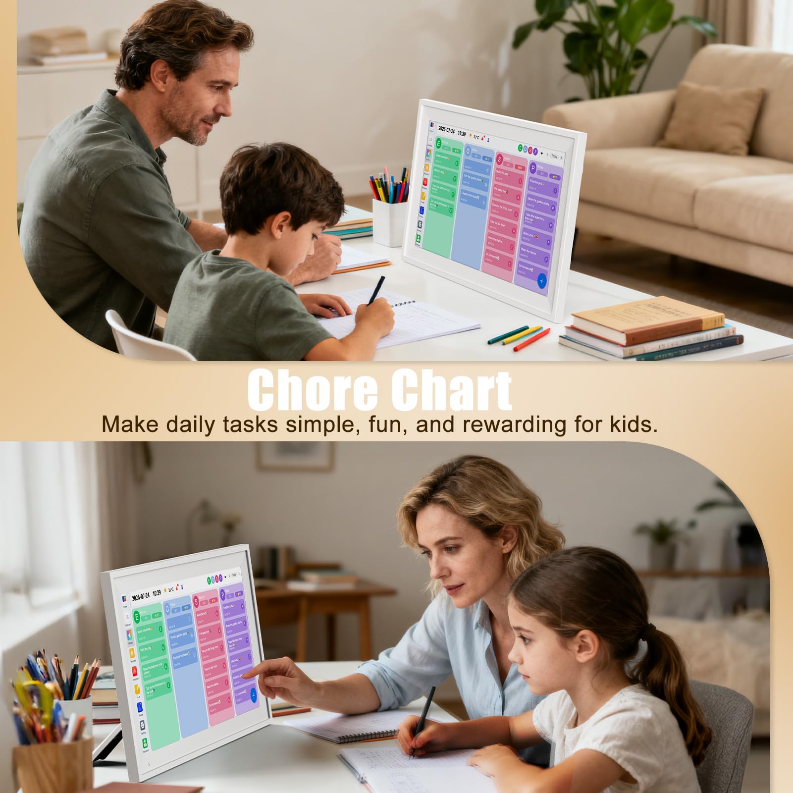 Lehwey 15,6 Zoll Digitaler Familienkalender & Smart Wall Planner - Touchscreen Elektronischer Kalender mit Aufgabendiagramm & Belohnungssystem, Google/Outlook Sync, Kompaktes Display für Küche