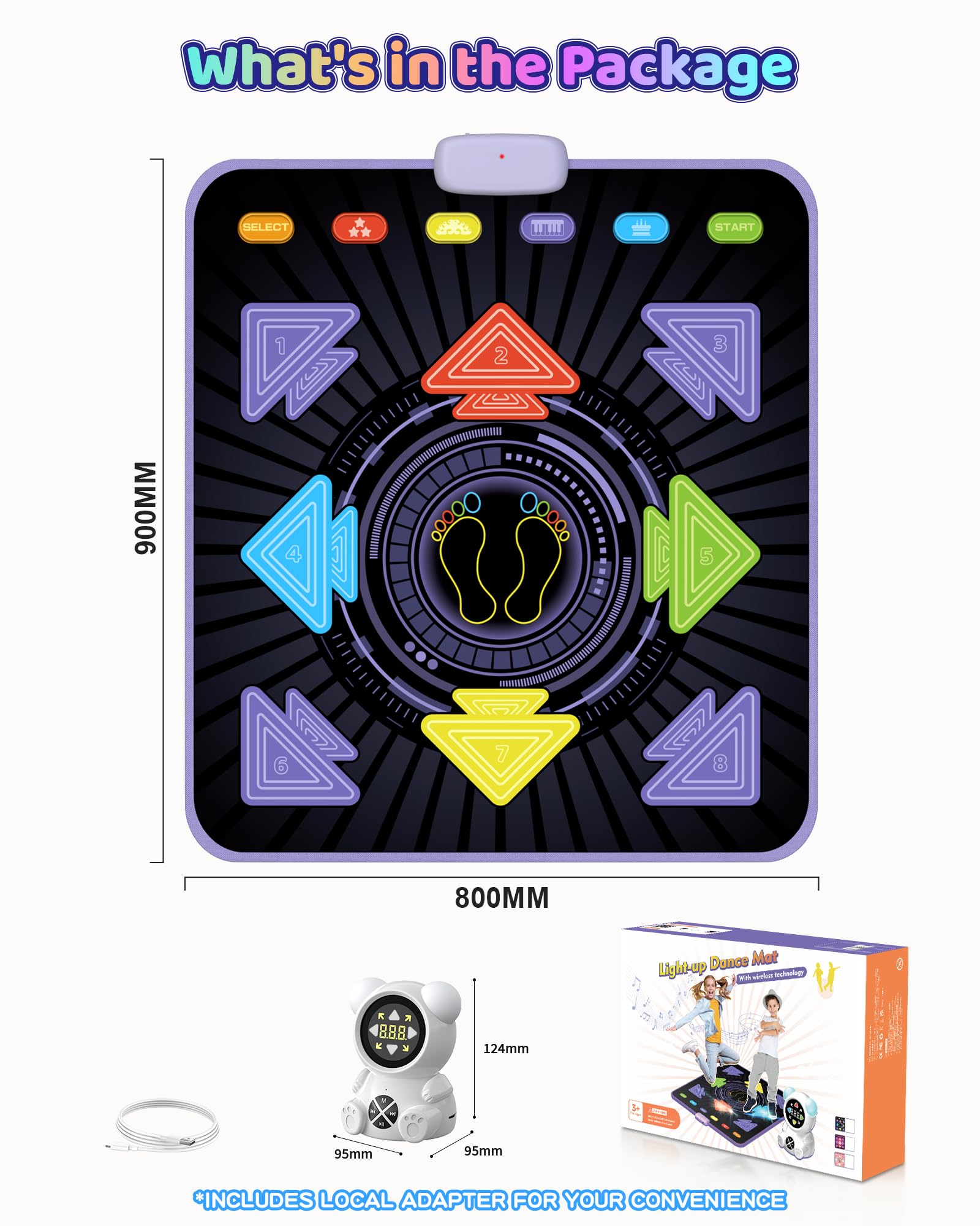 Tappetino da Ballo Ricaricabile per Bambini - Tappetino Luminoso per sfide di Ballo con Lettore Musicale Portatile Bluetooth Connect e 5 modalità, Regalo per Ragazze di 3-12 Anni, Ragazzi