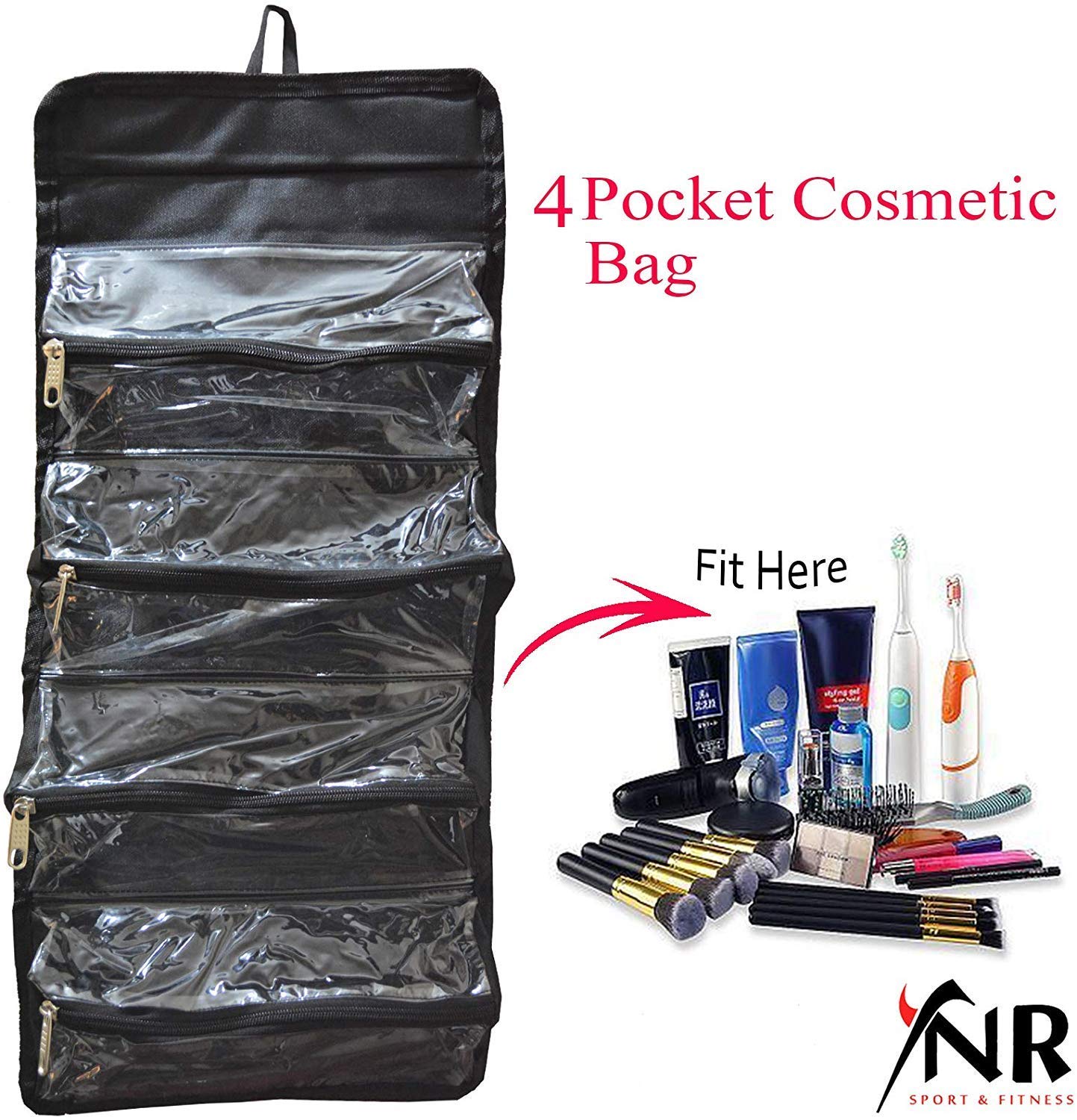 Roll-up Cosmetic Makeup Case Organizer Pouch Hanging Toiletry Jewellery Wash Bag (Black)