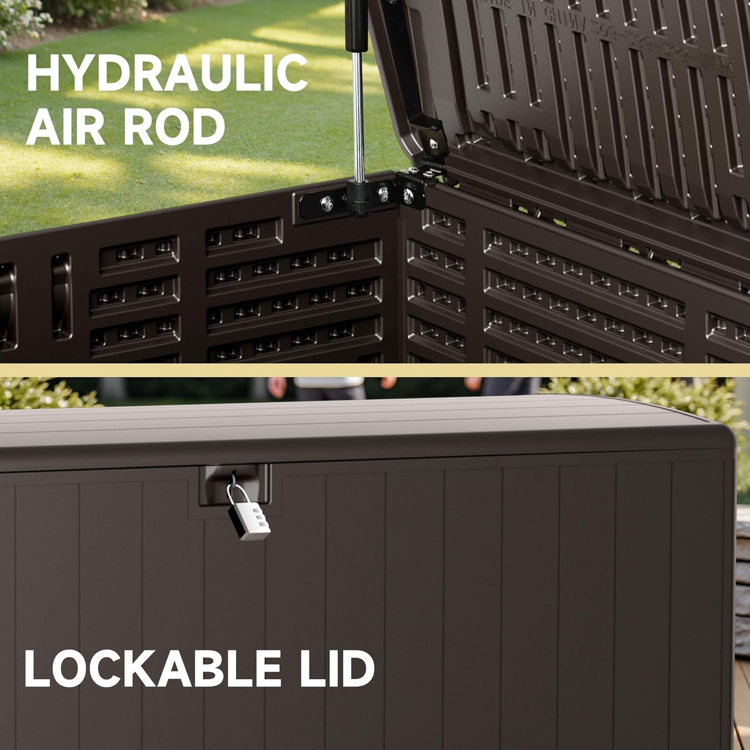 150 Gallon All-Weather Deck Box, Lockable Waterproof Resin Storage with UV Resistance for Patio Furniture, Garden Tools, Pool Accessories (Brown)