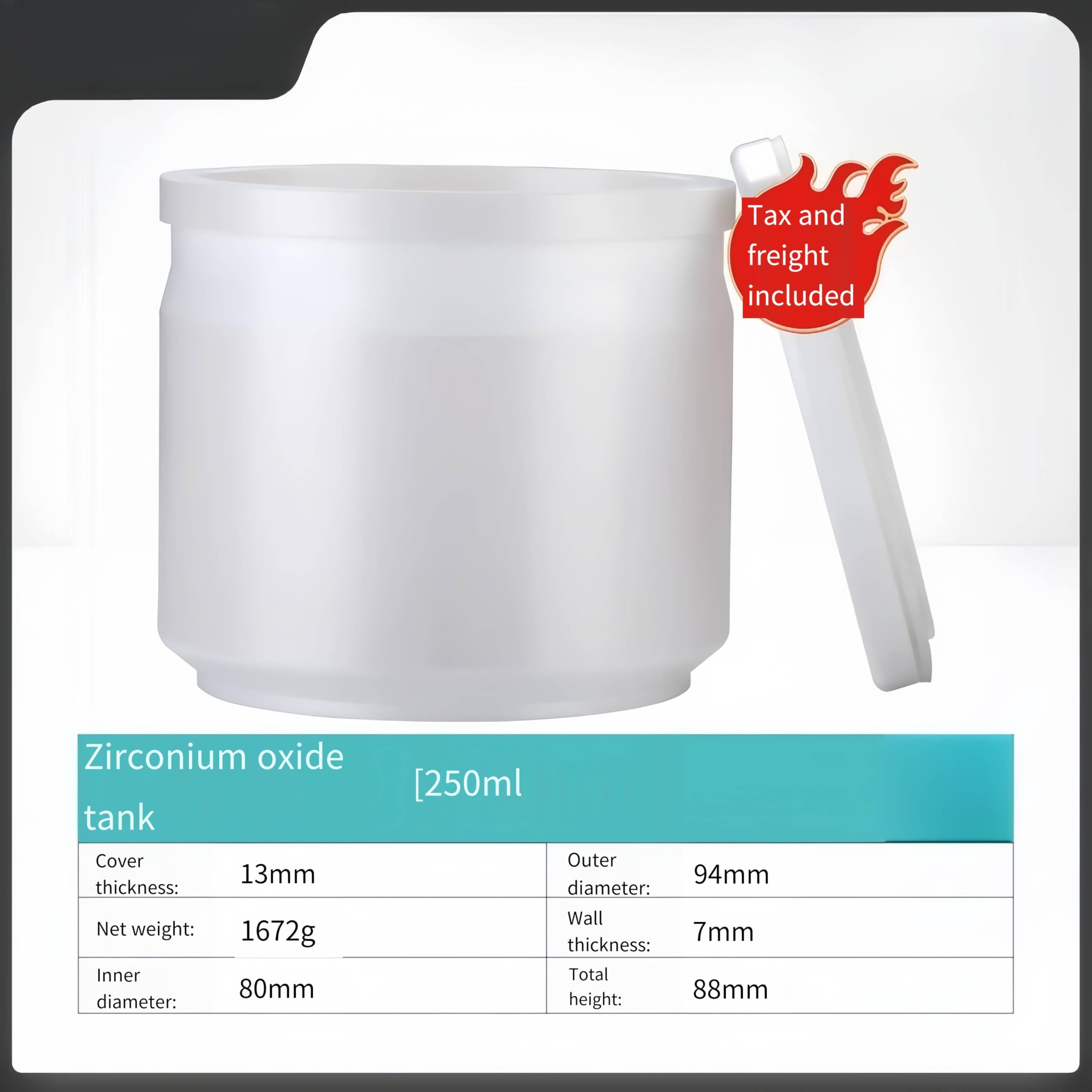 Vasetti for mulino a sfere in zirconio con purezza del 99,99%, for macinazione di precisione Opzioni da 50 ml e 100 ml 1 pezzo(250ML)