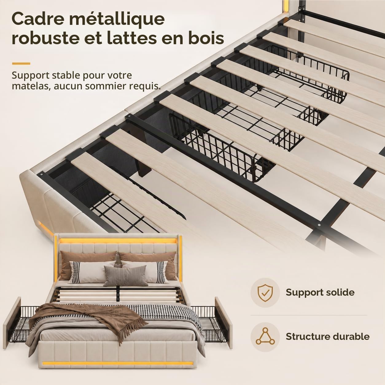 Lit Double 140x200cm avec LED et USB, Lit Rembourré avec 4 Tiroirs de Rangement, Cadre de Lit Moderne 2 Places pour Chambre Adulte et Adolescent,Beige Lin