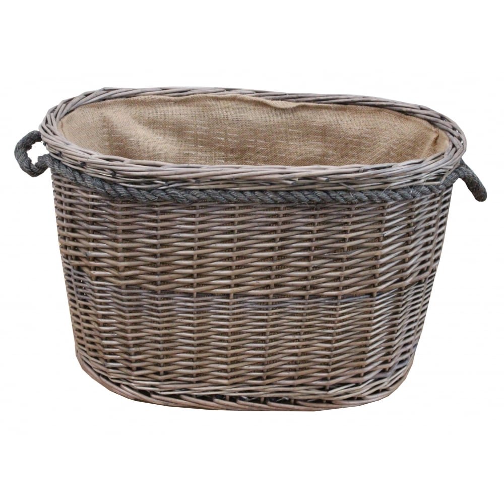 Katie Jane Home Grey Antique Wash Oval Wicker Log Basket Lined Large