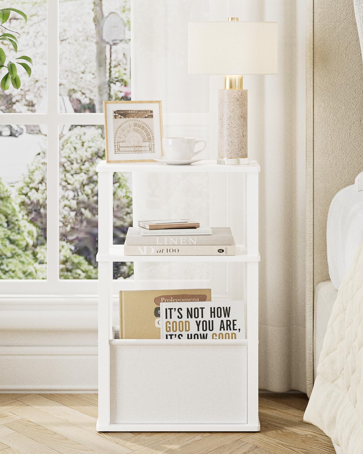 Narrow Wood Side Table, 3-Tier Night Stand with Storage Bag, Skinny Nightstand for Small Spaces, Bedside Table for Living Room, Bedroom, White