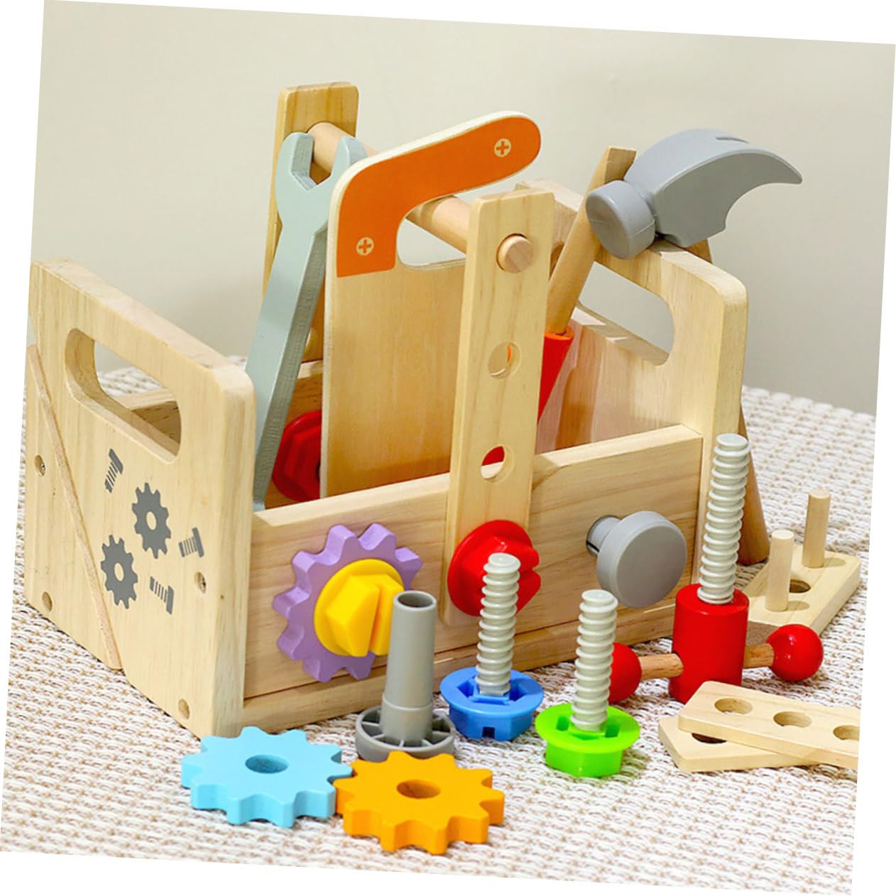 VICASKY Set di Strumenti in Legno per Bambini Superficie Liscia, Valigetta Portatile Martello e Cacciavite, Gioco Educativo per Apprendimento Interattivo e Gioco di Finzione