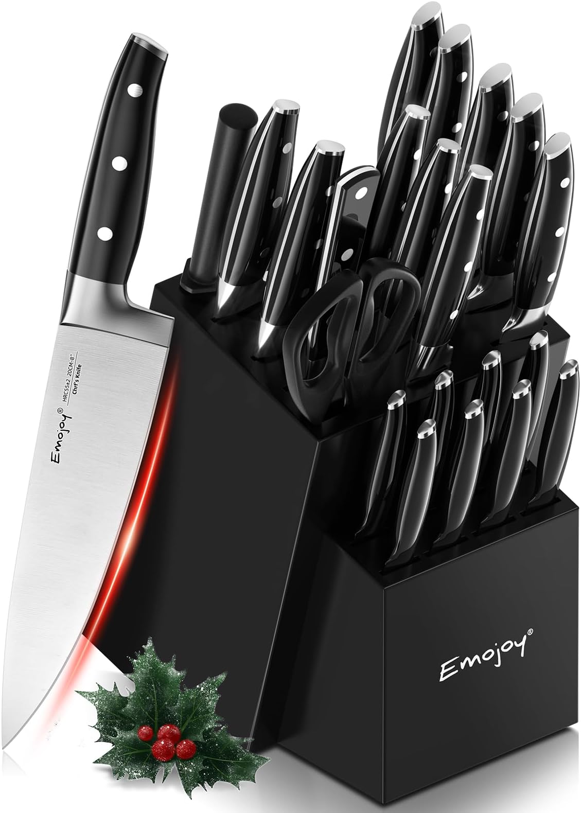 Emojoy Knife Set with Block, 22 pcs Kitchen Knives with Sharpener Black, German Stainless Steel Knives Set with Carving Fork Steak Knives, High Carbon Full Tang Knives Set