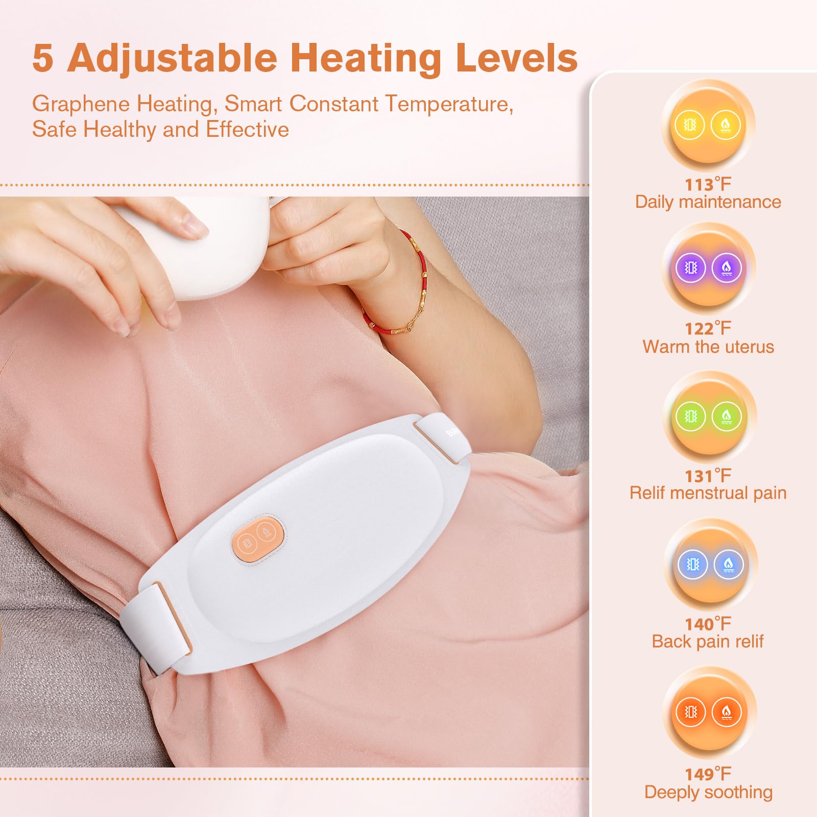 Wärmegürtel Periode, Elektrischer Heizgürtel mit 5 Heizstufen & 7 Massage-Modi Tragbares USB Heizkissen Menstruations Wärmegürtel für Periodenkrämpfe und Linderung von Kr