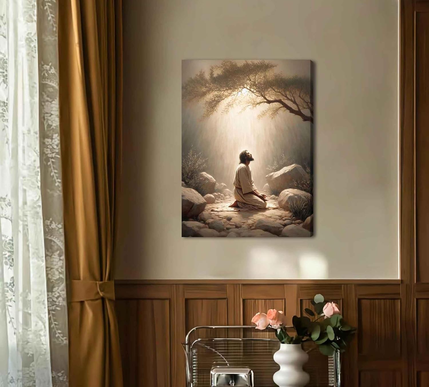 Jesus Prayers Canvas Wall Art God Divine Mercy Portrait Tranquility Painting Picture Wall Decor Jesus Praying in the Garden of Gethsemane Poster Prints for Bedroom Church Home Decoration 24x36