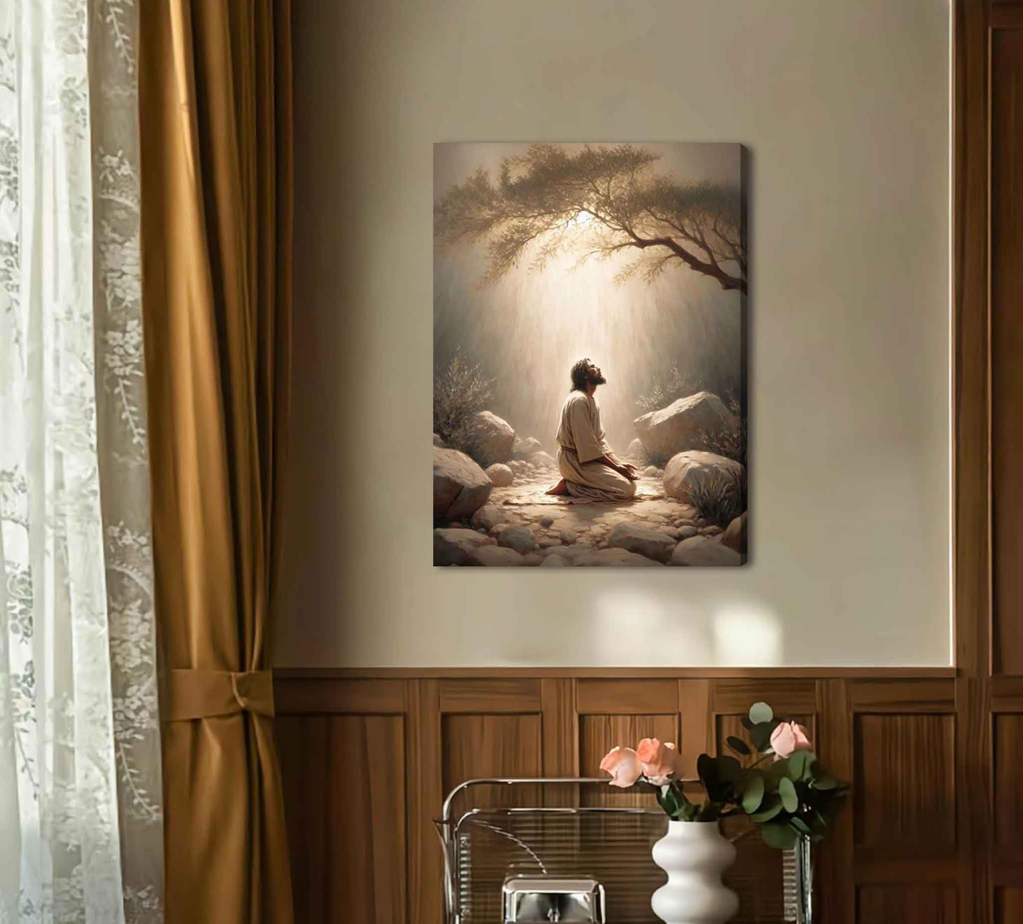 Jesus Prayers Canvas Wall Art God Divine Mercy Portrait Tranquility Painting Picture Wall Decor Jesus Praying in the Garden of Gethsemane Poster Prints for Bedroom Church Home Decoration 12x16