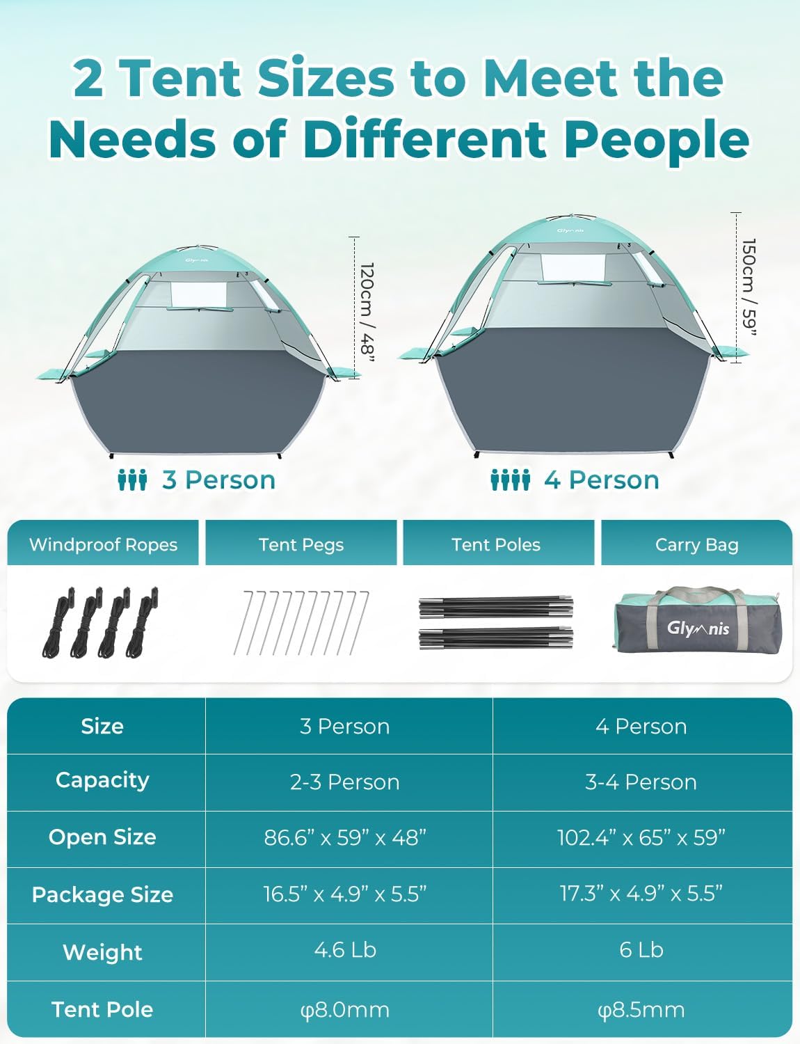 Glymnis Beach Tent Sun Shelter for 4 Person with UPF 50+ UV Protection, Lightweight & Easy Setup Beach Shade Canopy with Vent Windows & Zippered Door - Green