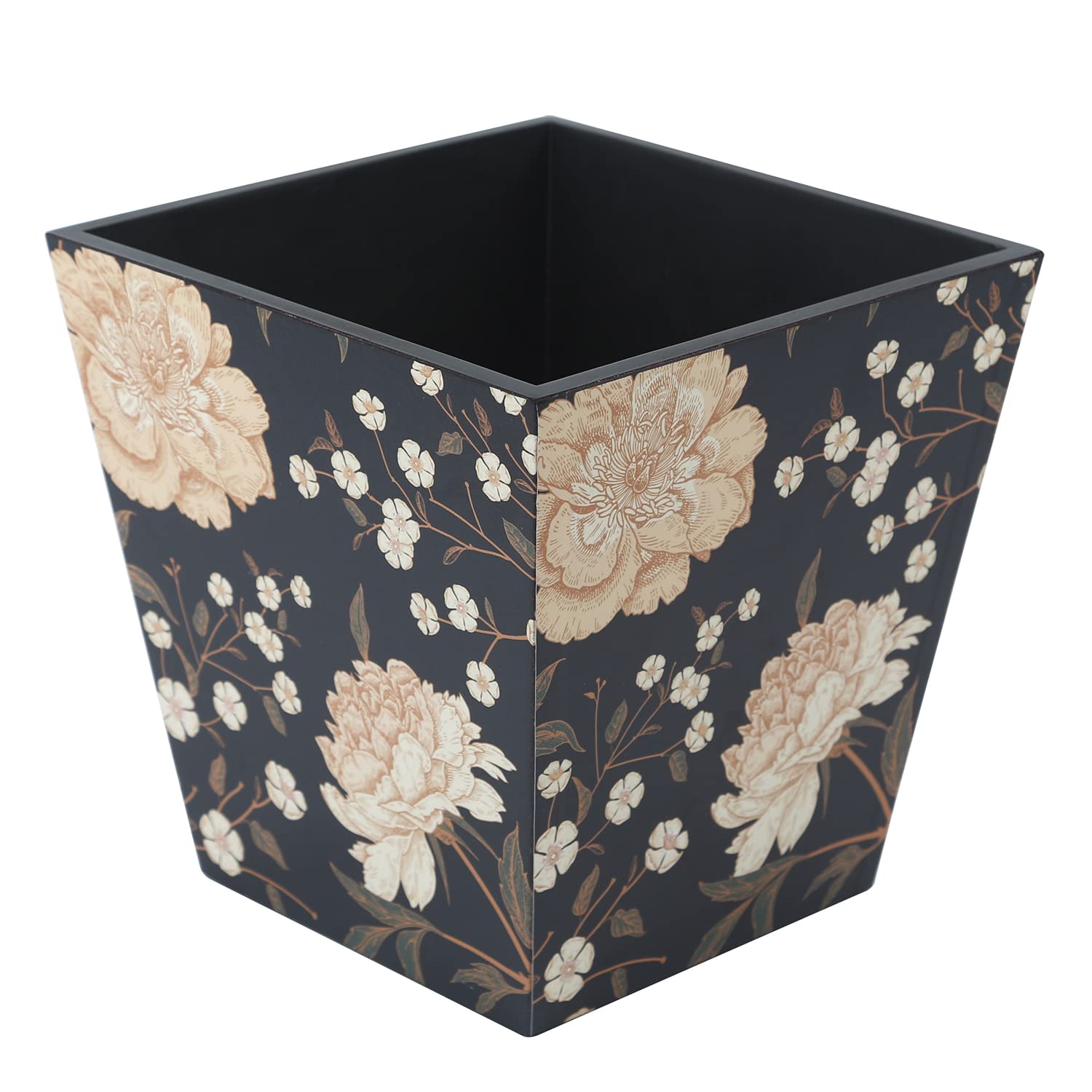 Reinvention Factory Wooden Dustbin for Dry Waste | Compact MDF Open Lid Bin | Decorative Print Waste Basket for Home, Office, Bathroom, Bedroom | Fancy Kachra Dabba India Black Flower-image-4