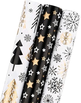 MAYPLUSS Wrapping Paper Roll - Mini Roll - 17 inch X 120 inch Per roll - 3 Different Christmas Black Gold Design 42.3 sq.ft.ttl