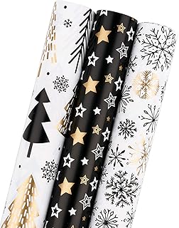 MAYPLUSS Wrapping Paper Roll - Mini Roll - 17 inch X 120 inch Per roll - 3 Different Christmas Black Gold Design (42.3 sq.ft.ttl)