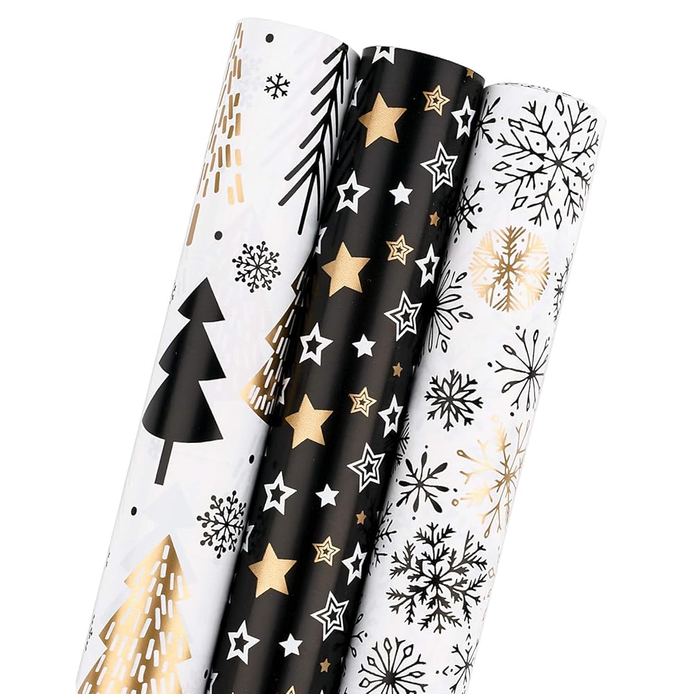 MAYPLUSS Wrapping Paper Roll - Mini Roll - 17 inch X 120 inch Per roll - 3 Different Christmas Black Gold Design (42.3 sq.ft.ttl)