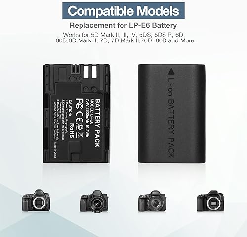 Miniatura 3 de LP-E6 LP E6N - Batería de repuesto de iones de litio de 2600 mAh y cargador dual rápido para cámaras E 5D Mark II, III, IV, 5DSR, 60D, 70D, 80D, 6D,