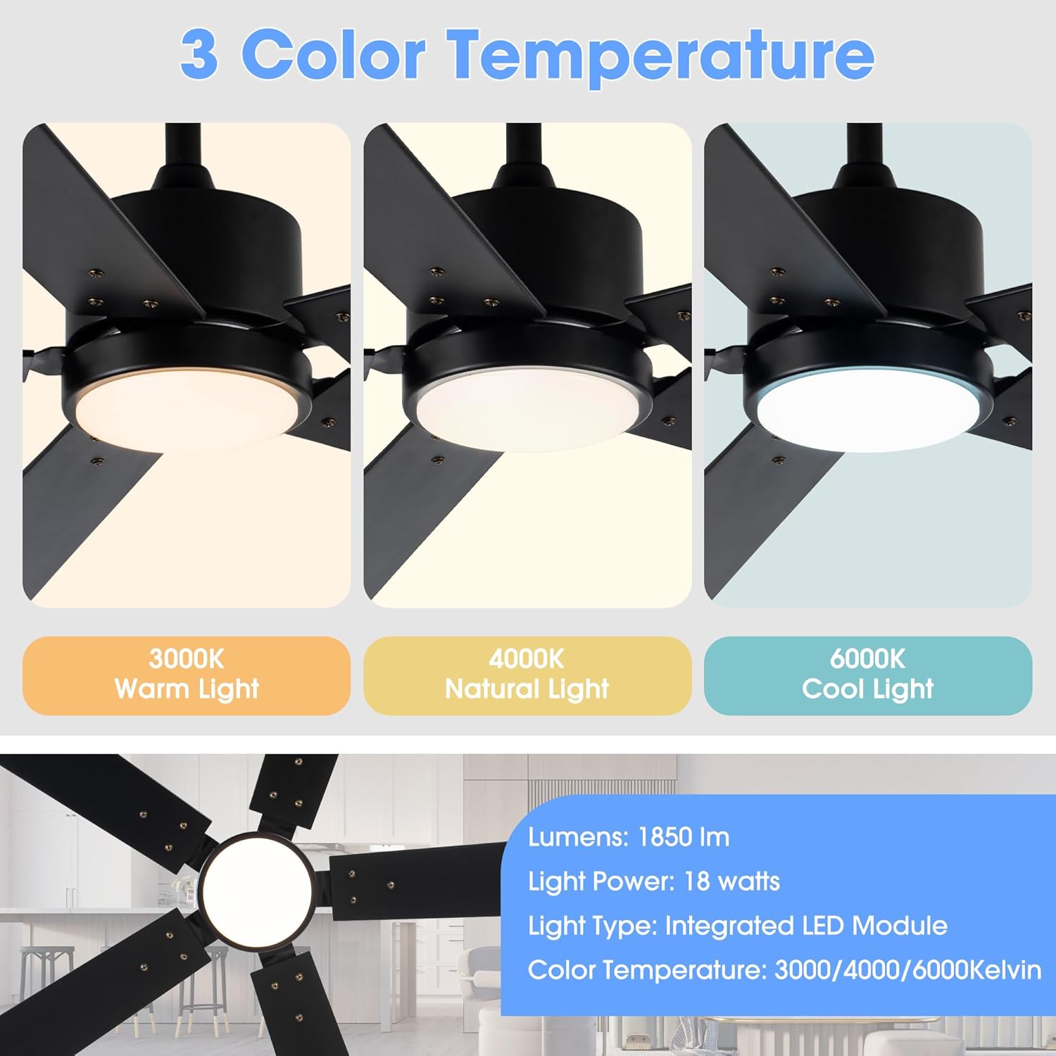 Ceiling Fans with Lights and Remote, 52 Inch Black Ceiling Fan with Light Flush Mount for Bedroom Living Room, Farmhouse Outdoor Ceiling Fans for Patios, Reversible Blades, Ventilador de Techo con Luz