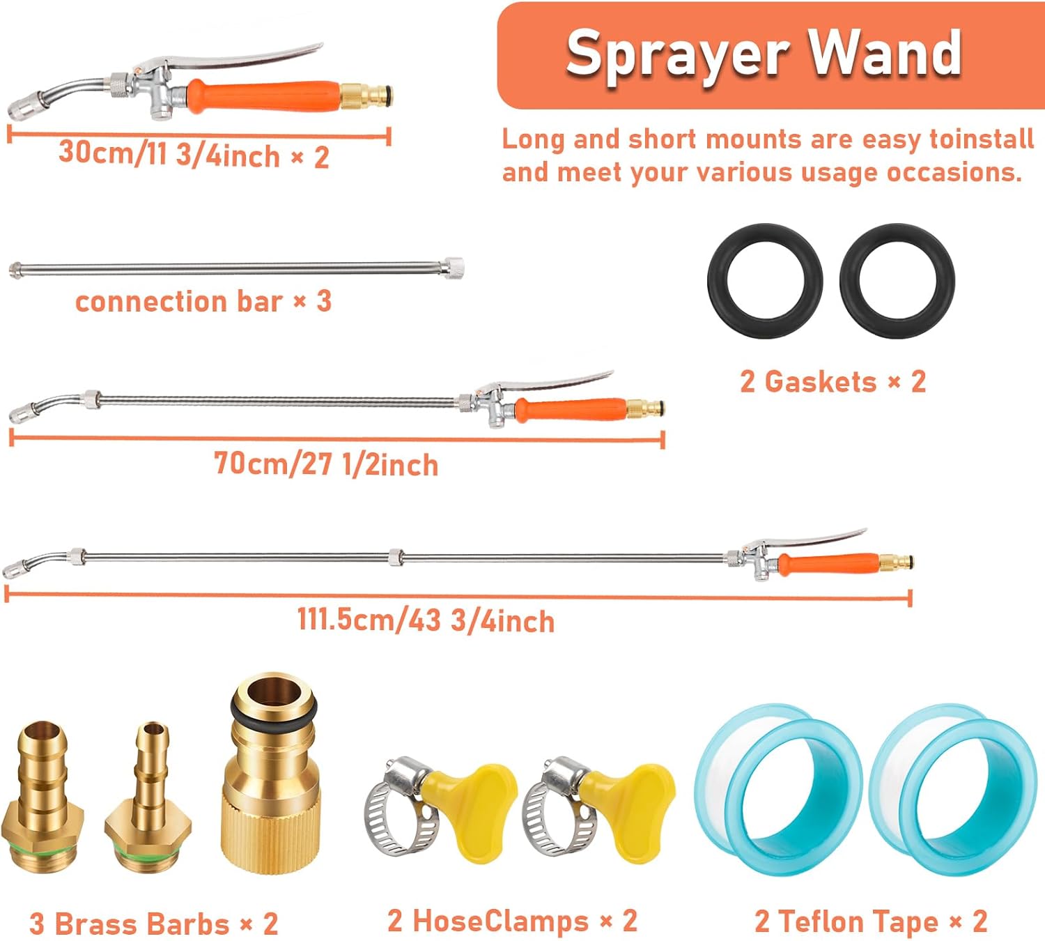 2 Piece Sprayer Wand, Suitable for 1/2 Hose Quick Connector, 1/4" & 3/8" Brass Barb Sprayer Wand Replacement Built-in Shut Valve Stainless Steel Spray Wand, W/ 4 Hose Clamps & 4 Rolls Raw Tape