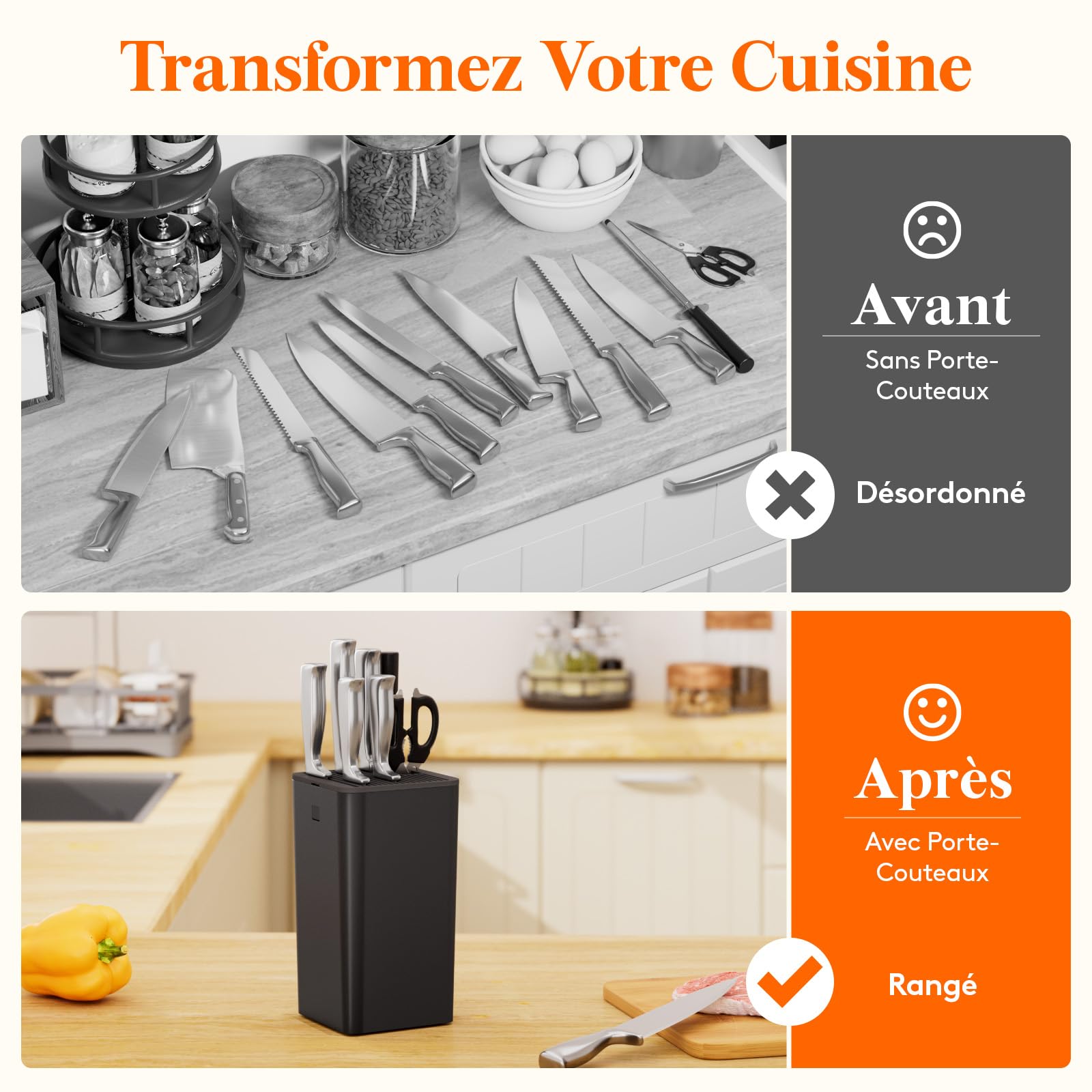 Lifewit Bloc à couteaux universel sans couteau, pour jusqu'à 15 pièces, avec fente pour ciseaux de cuisine et aiguiseur