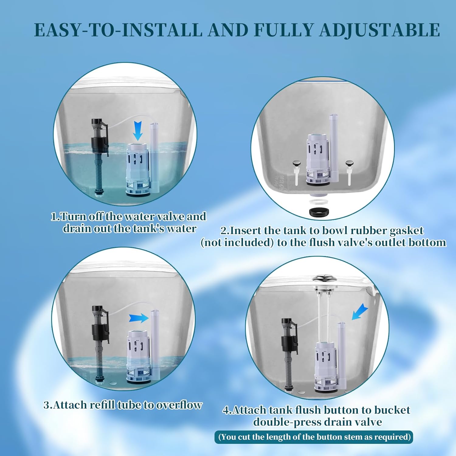 3" Dual Flush Valve Replacement Kit for 2-Piece Toilet Water Tank Parts with Toilet Fill Valve, Button, Flush Valve, Bolts and Bowl Gasket, Universal Toilet Repair Kit Inside Tank