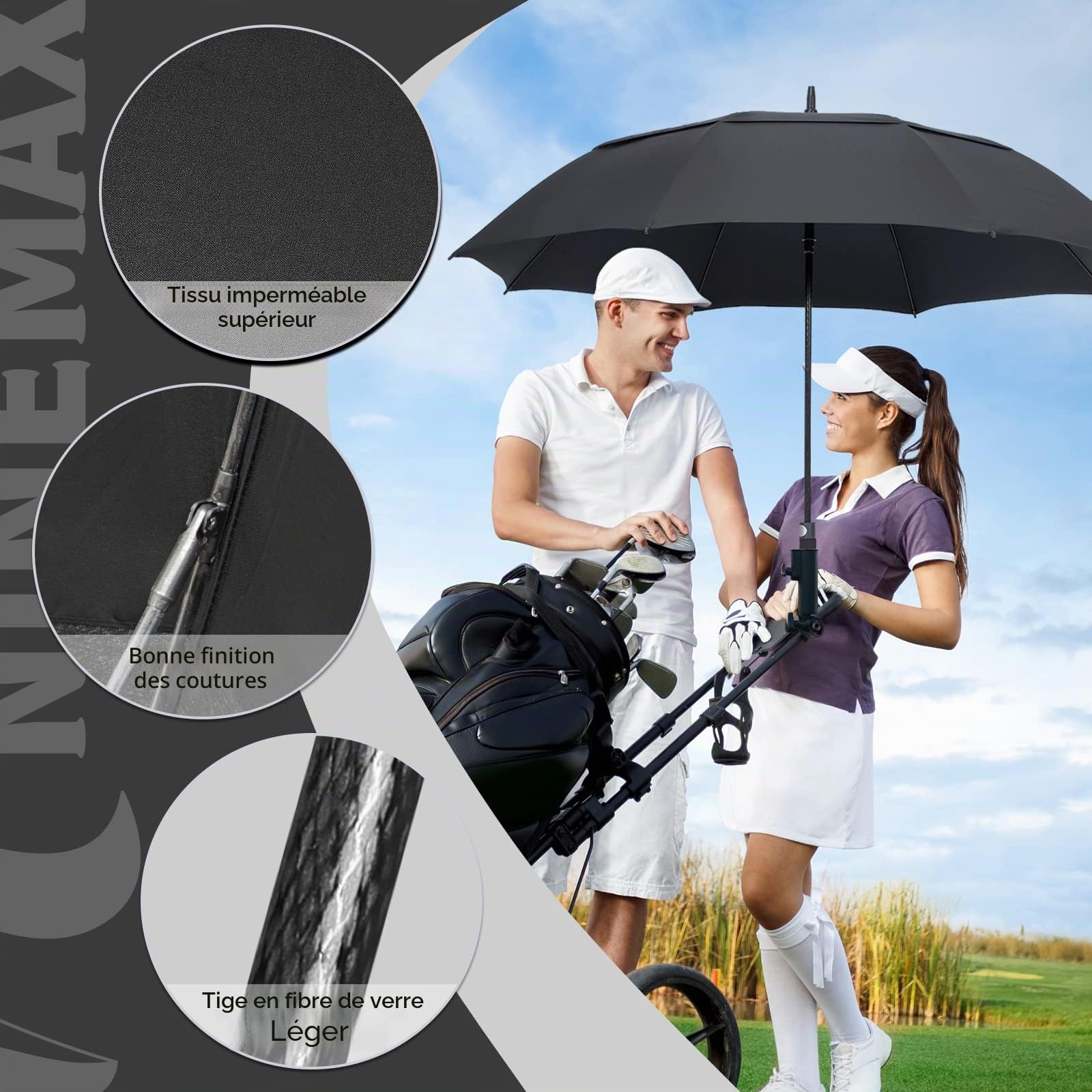 NINEMAX Grand Parapluie Golf Homme Femme 137cm 157cm 172cm Anti Tempete Automatique Double Auvent Resistant au Vent