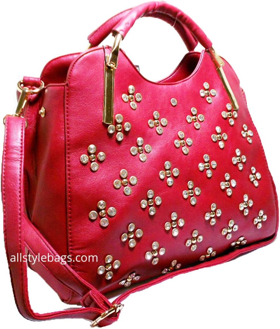 LOEM Bling Black Polka Flora Rhinestone Shoulder Bag Handbag with Golden Tone Hardware 13.5" x11x5 Faux Leather