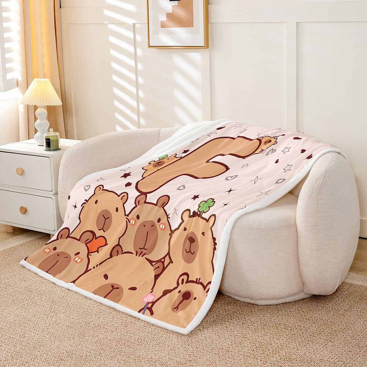 Loussiesd Zabawny koc z kapibarami kreskówka kapibara miękki polar szerpa przytulny puszysty pluszowy ciepły inicjał F puszysty pluszowy koc kawaii zwierzęta podwójne 152 x 180 cm na łóżko kanapę