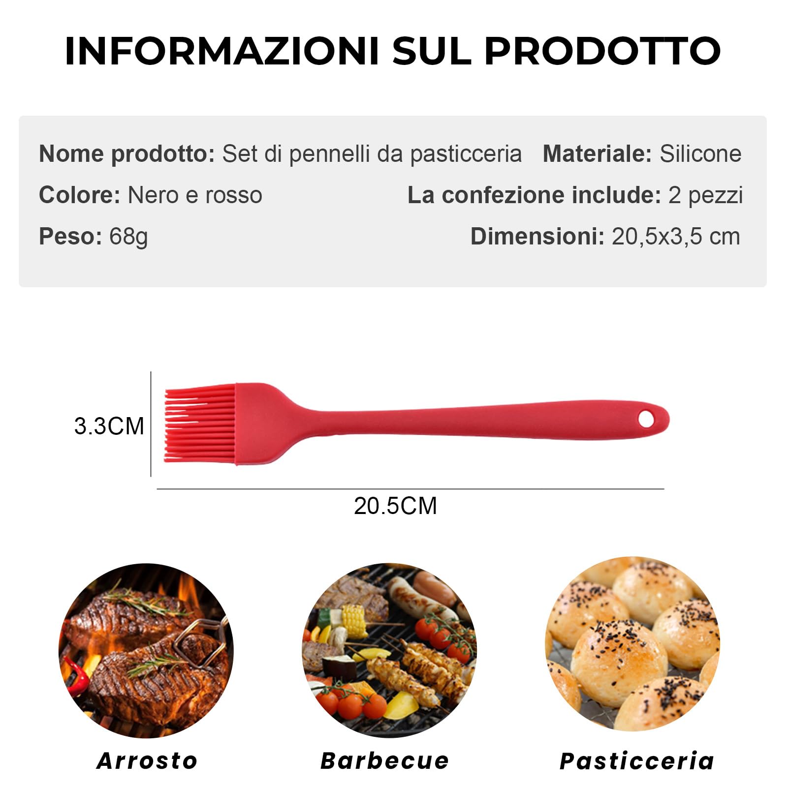 Pennello da cucina in silicone 2 pezzi, pennello da imbastitura da 8 pollici, pennello griglia resistente al calore, pennello olio senza BPA per cucinare, cuocere al forno, BBQ, design monoblocco
