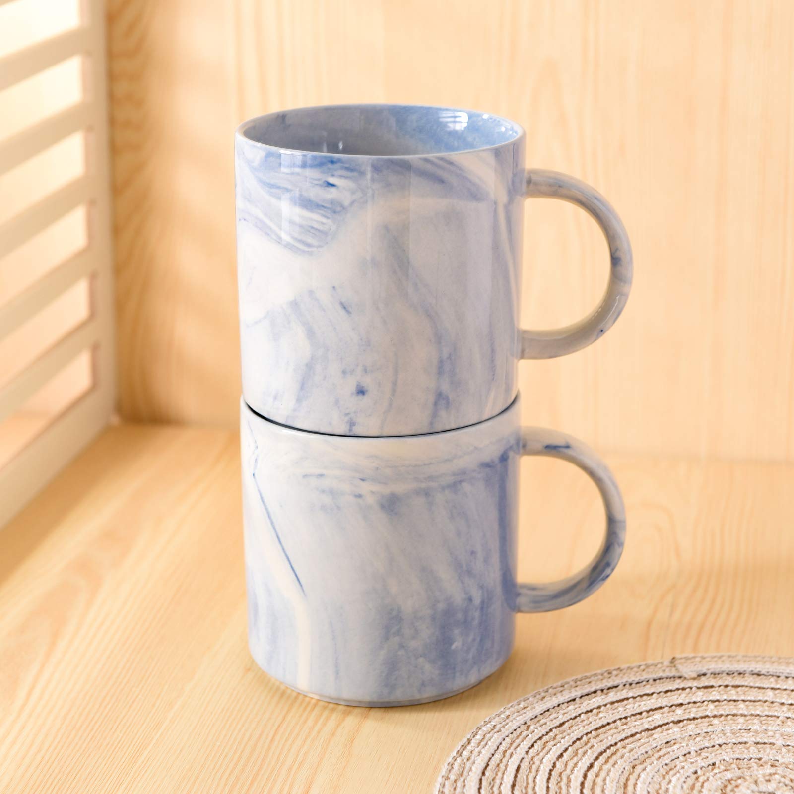Yundu Kaffeebecher-Set, stapelbare Latte-Tassen mit Griff, mikrowellen- und spülmaschinenfest, 340 ml, 4 Stück, Blau