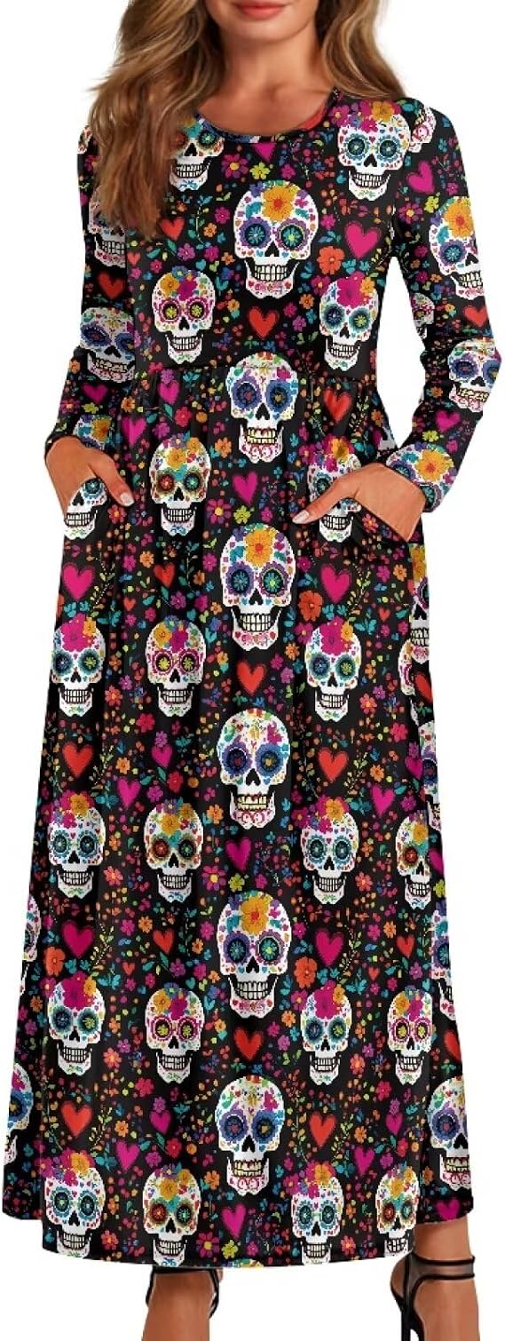 Festival Theme Dress for Women Long Sleeve A-Line Waist Pockets Dress with Pockets Loose Ruffled Sundress