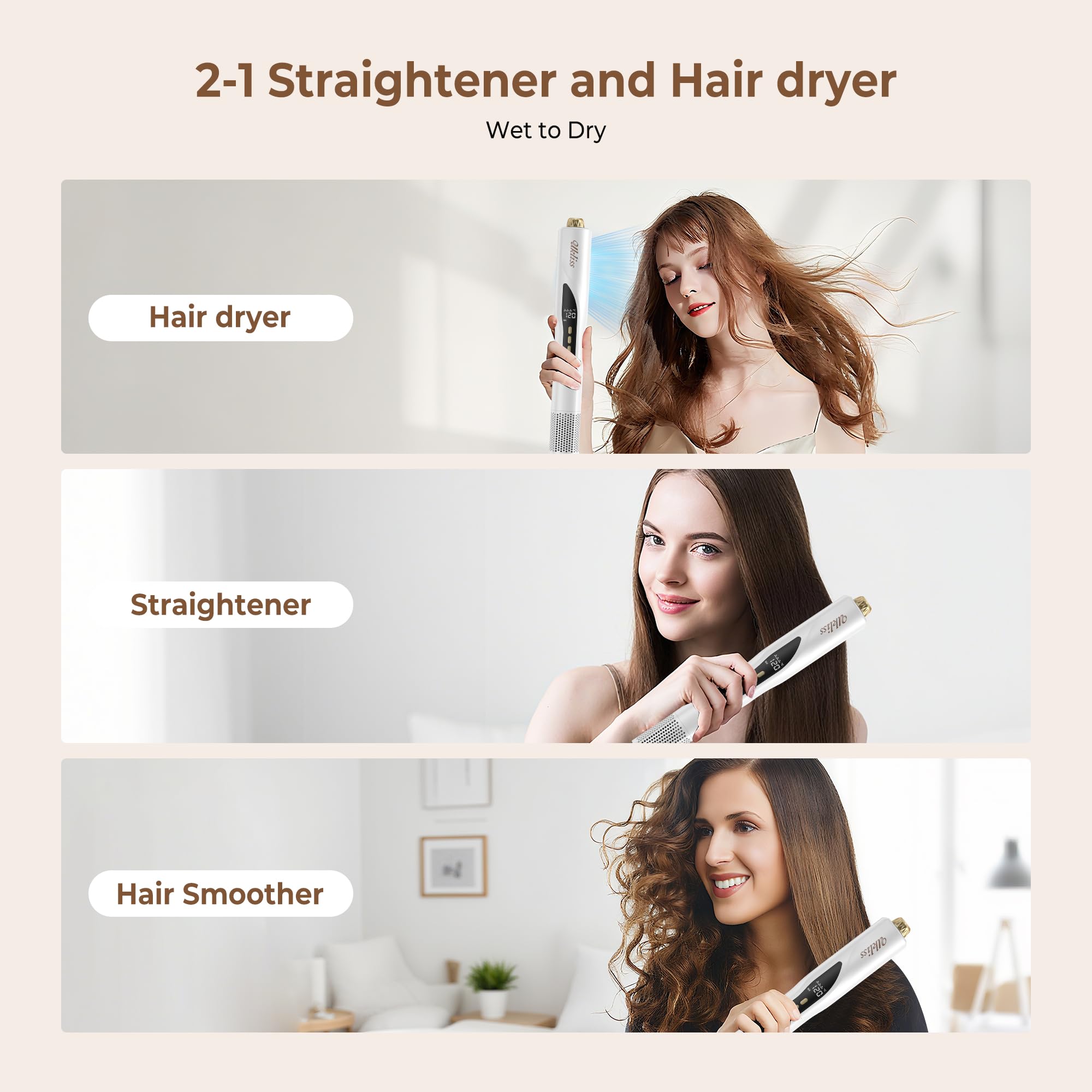 UKLISS Sèche-Cheveux Lisseur 3 en 1, Pro Lisseur à Air Ionique 200 m/min-Plasma Coiffage Mouillé à Sec, pour réduire la casse et apporter plus de brillance, Convient à tous les types de cheveux