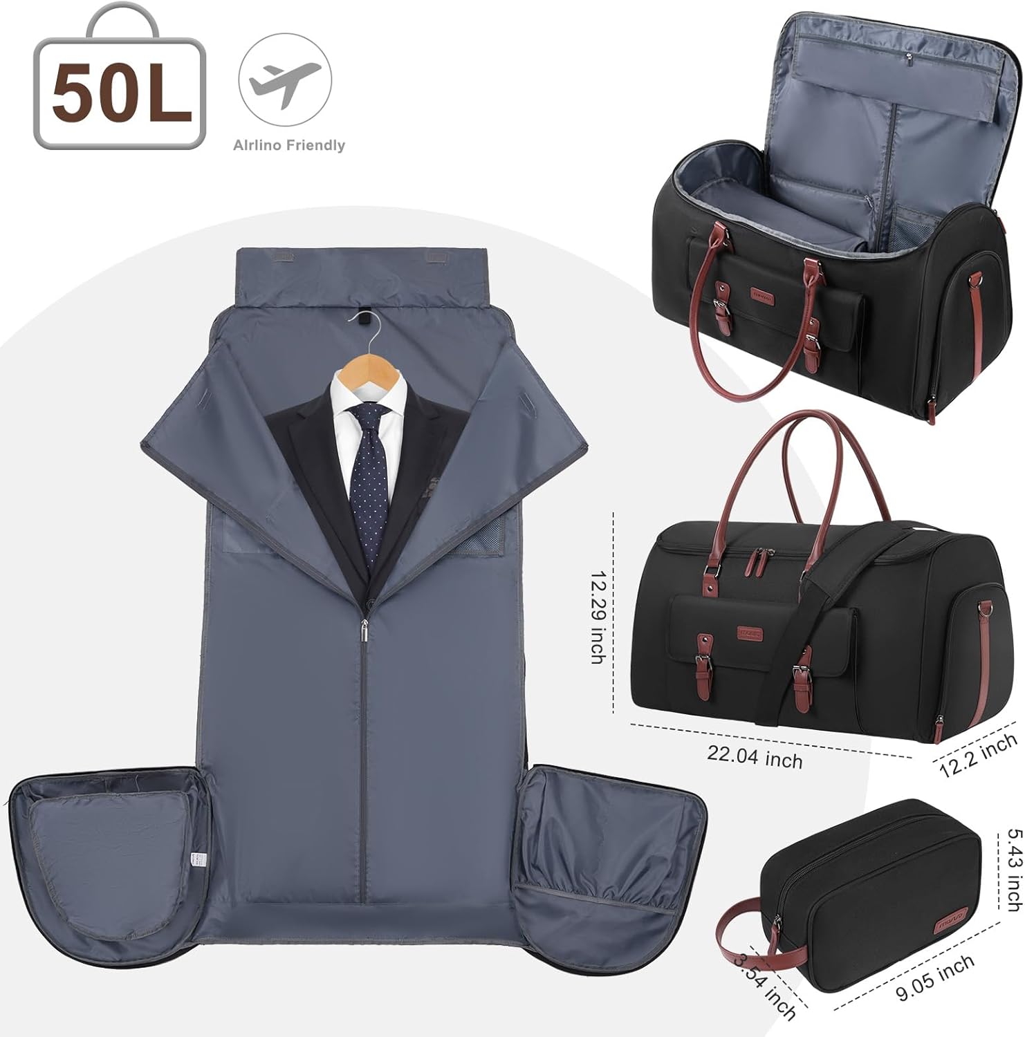 MOSISO Garment Bags for Travel, 50L Carry On Garment Duffle Bag Suit Bags for Men Women Hanging Clothes, 2 in 1 Hanging Suitcase Suit Travel Bags with Toiletry Luggage&Adjustable Shoulder Strap,Black