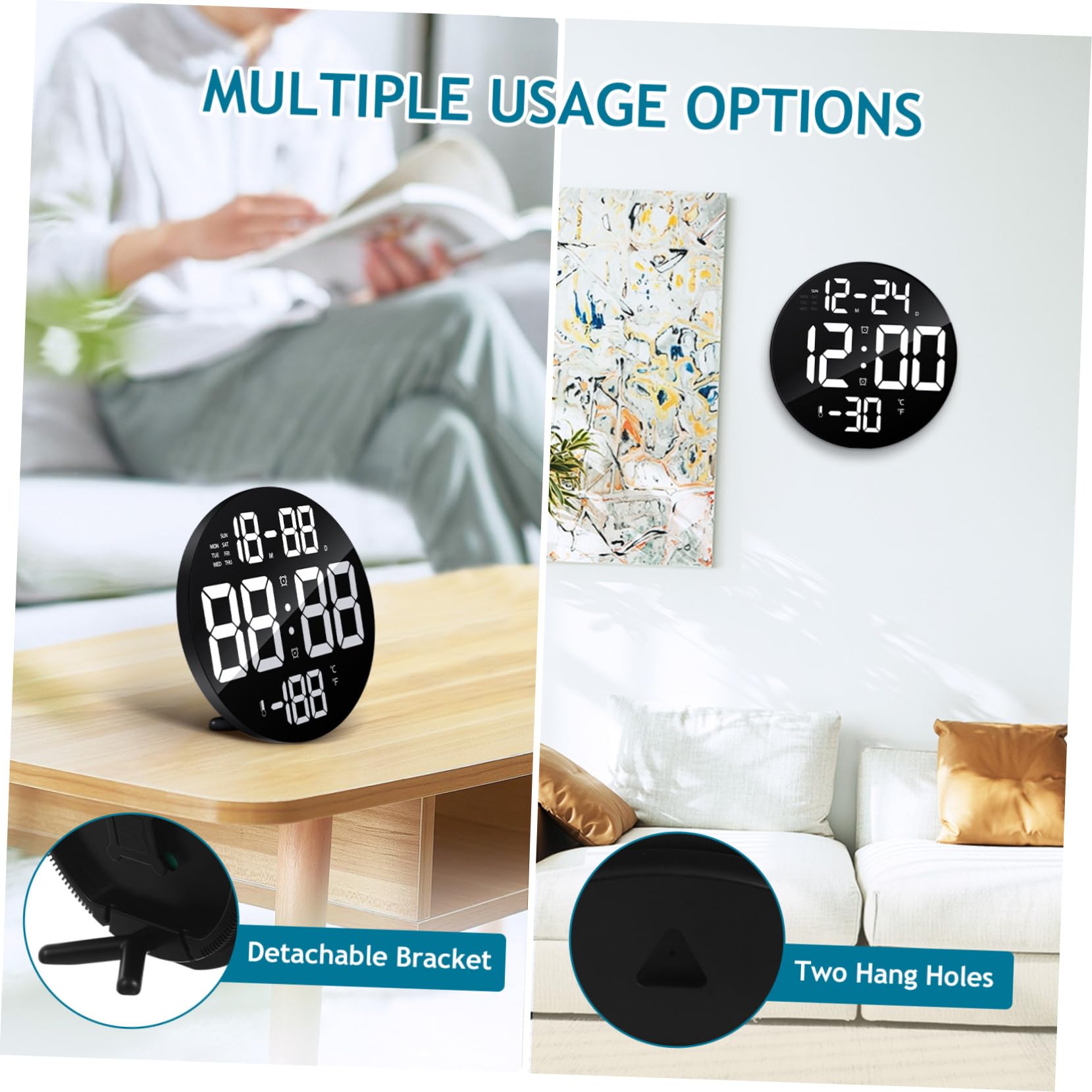 Ciieeo Orologio Digitale da Parete Rotondo LED Nero 9 Pollici