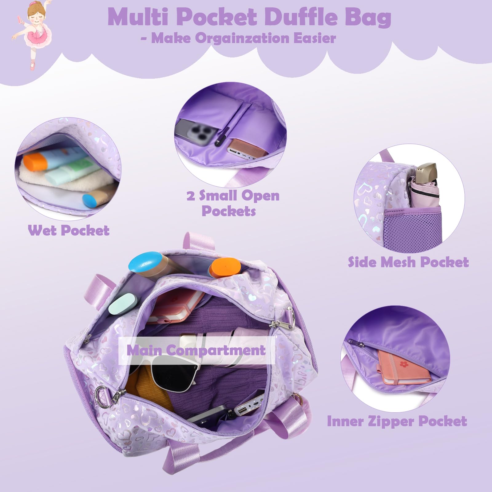 Sac de sport pour fille, Love Purple, Sac de danse pour filles
