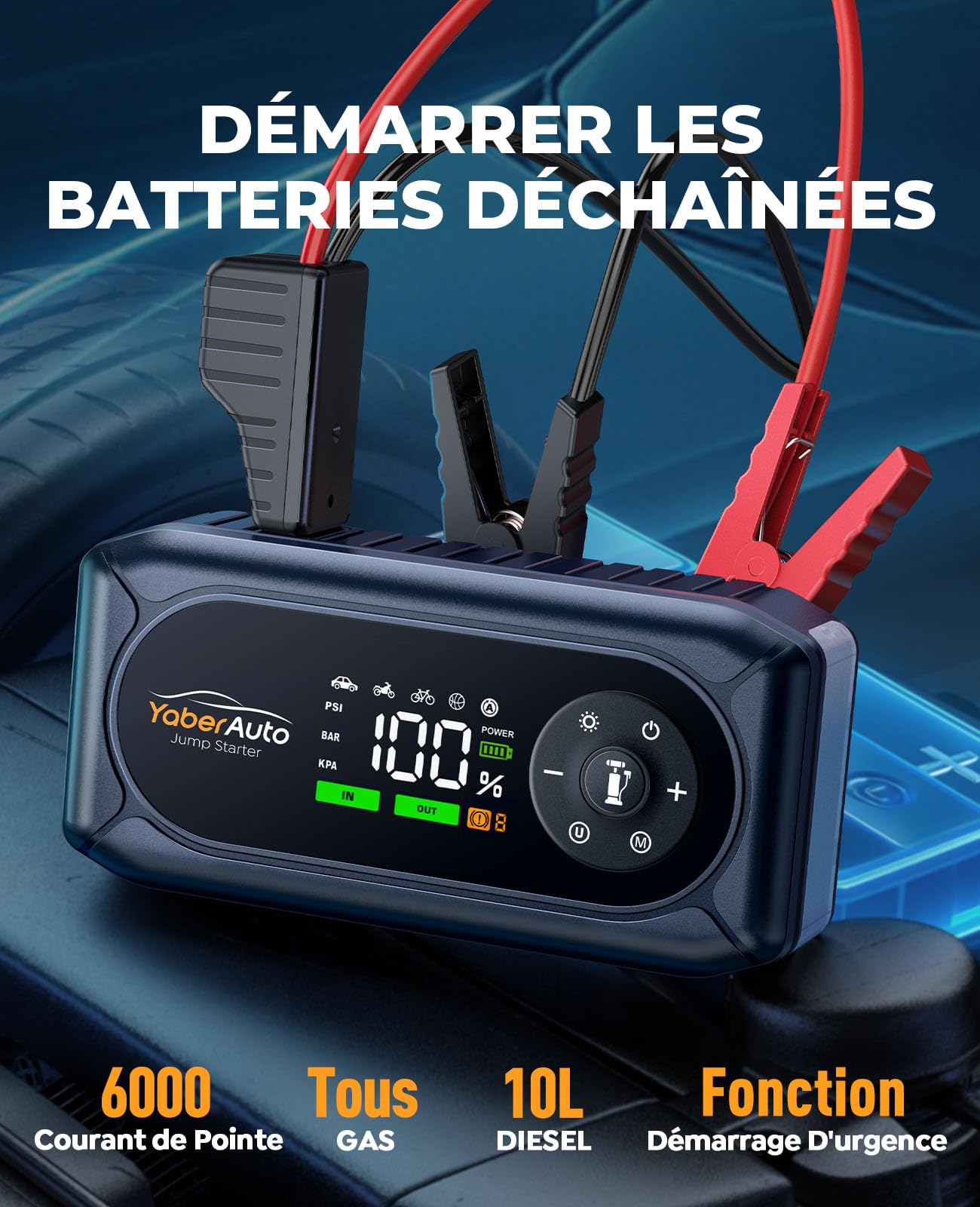 9 en 1 Booster Batterie Voiture 6000A, 12V Démarreur Voiture avec Compresseur 150PSI, Booster Batterie avec Lampe LED 500 Lumens à 4 Modes et Ecran LCD 3,3''(Tout Gaz ou 10L Diesel)