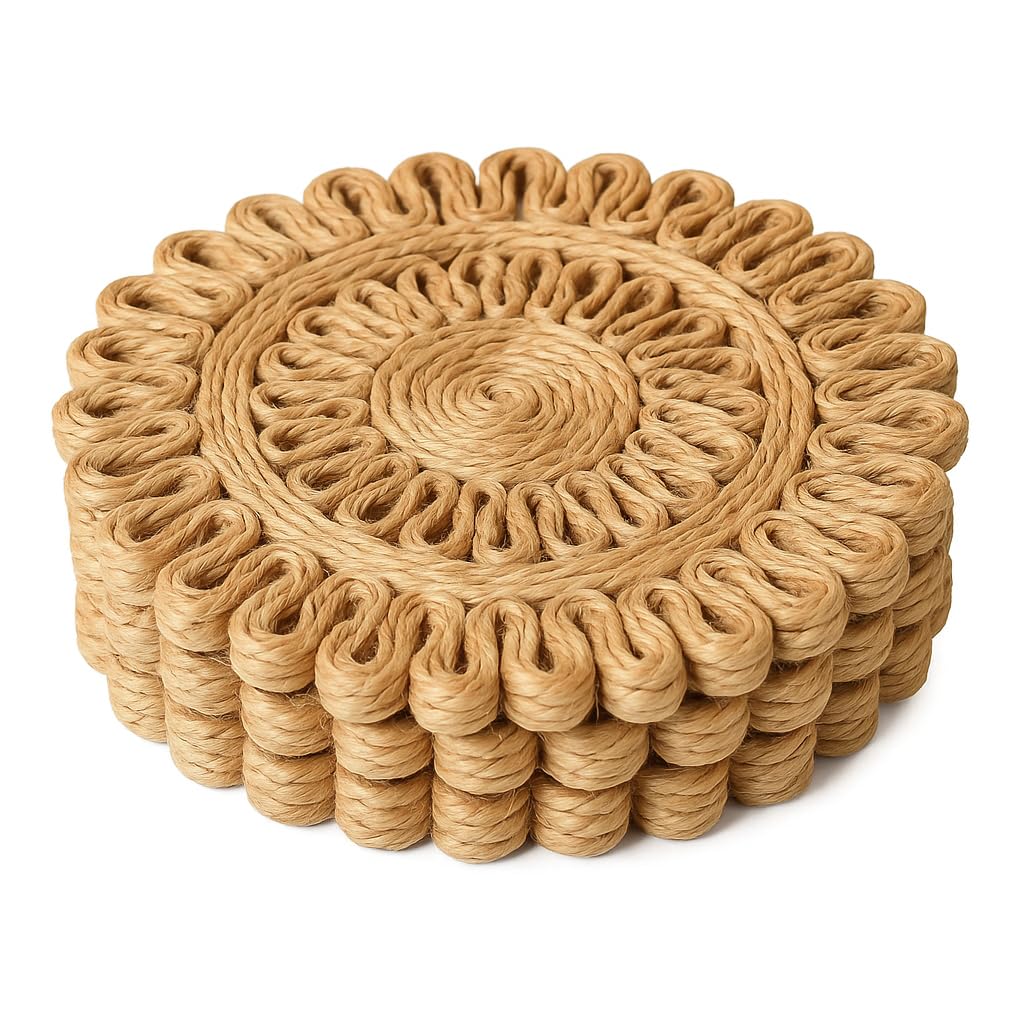PRONOIA Handmade Braided Jute Round Coasters Pack of 4 | 8 Inch (20 cm) | Eco-Friendly Natural Jute Table Mats | Heat Resistant, Durable & Stylish Home Décor Coasters-picture-22