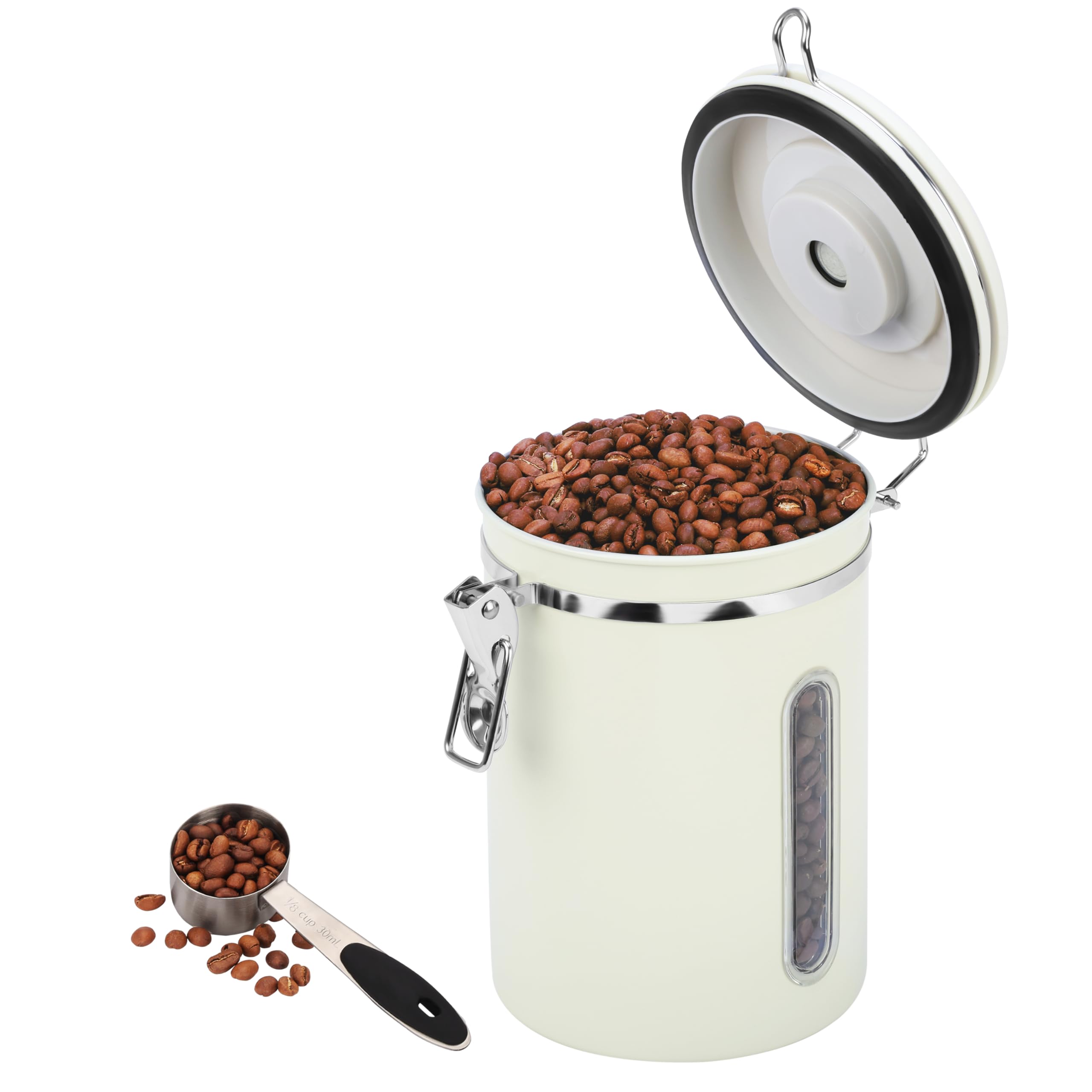 Barattolo Caffe (1,8L), Contenitore Ermetico Caffè, Materiale In Acciaio Inossidabile, Con Cucchiaio In Acciaio Inossidabile, Adatto Per Chicchi Di Caffè, Foglie Di Tè, Noci, Ecc(Bianco Panna