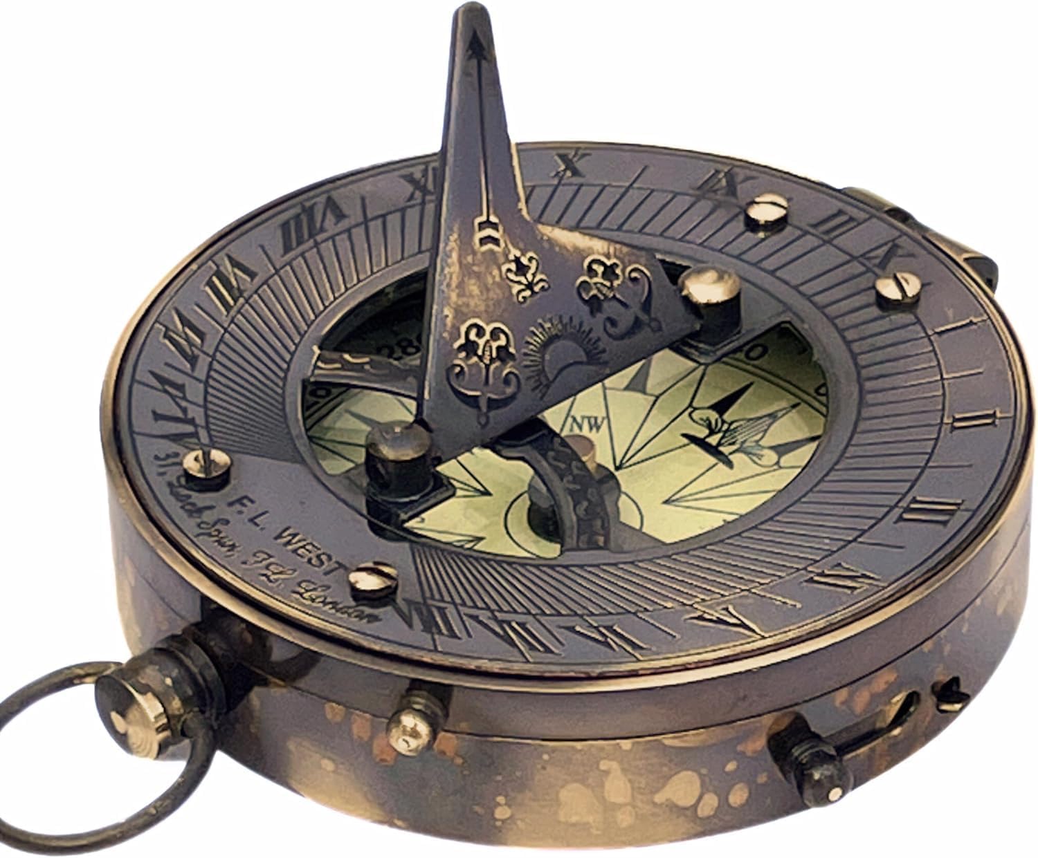 Vintage Nautical Sundial Compass, Round Brass Finish, with Dial